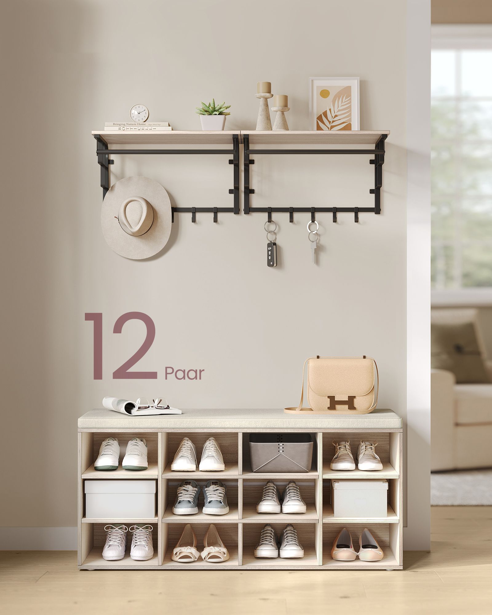Shoe rack with seat - 30.3 × 104 × 48 cm - natural beige