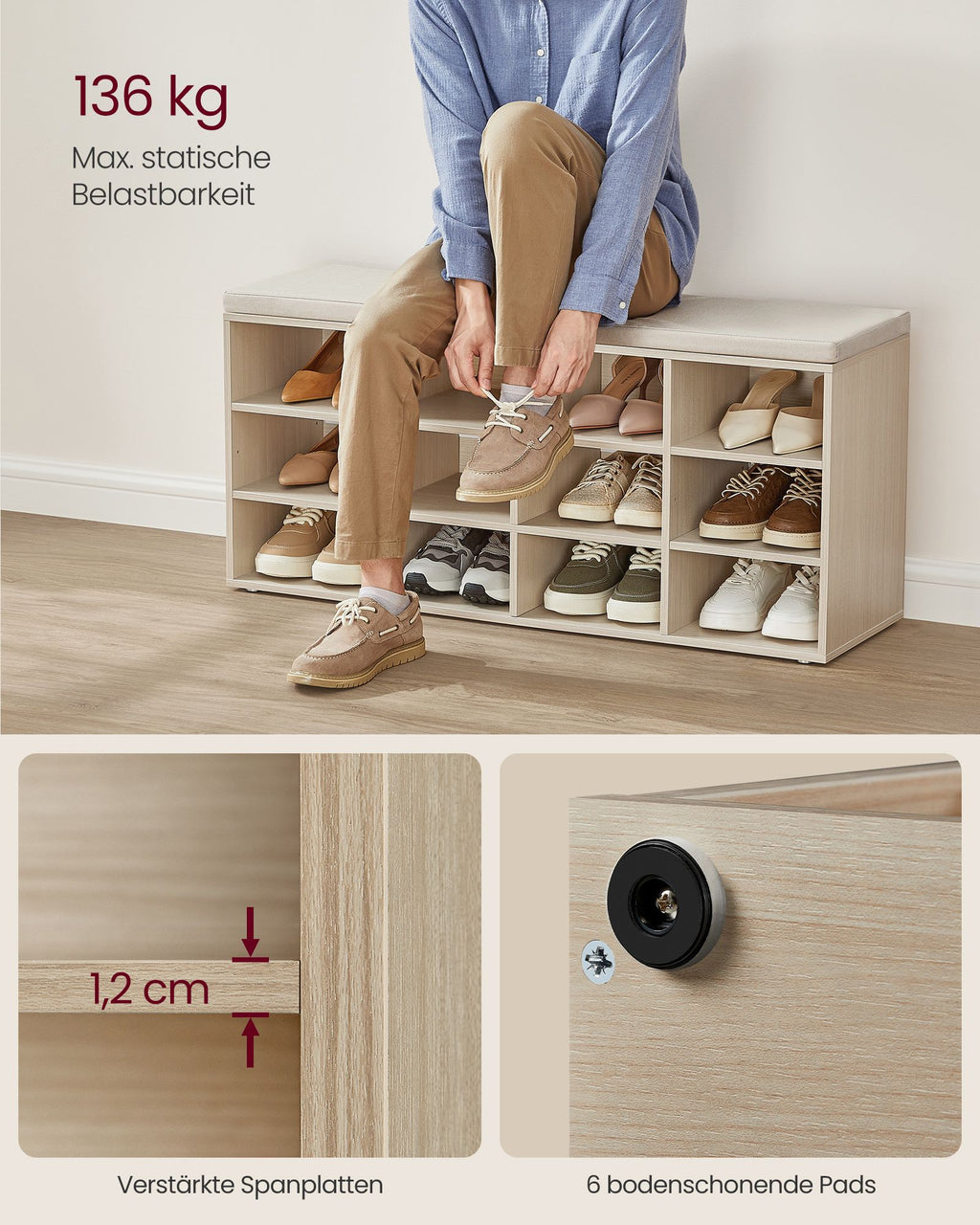 Shoe rack with seat - 30.3 × 104 × 48 cm - natural beige