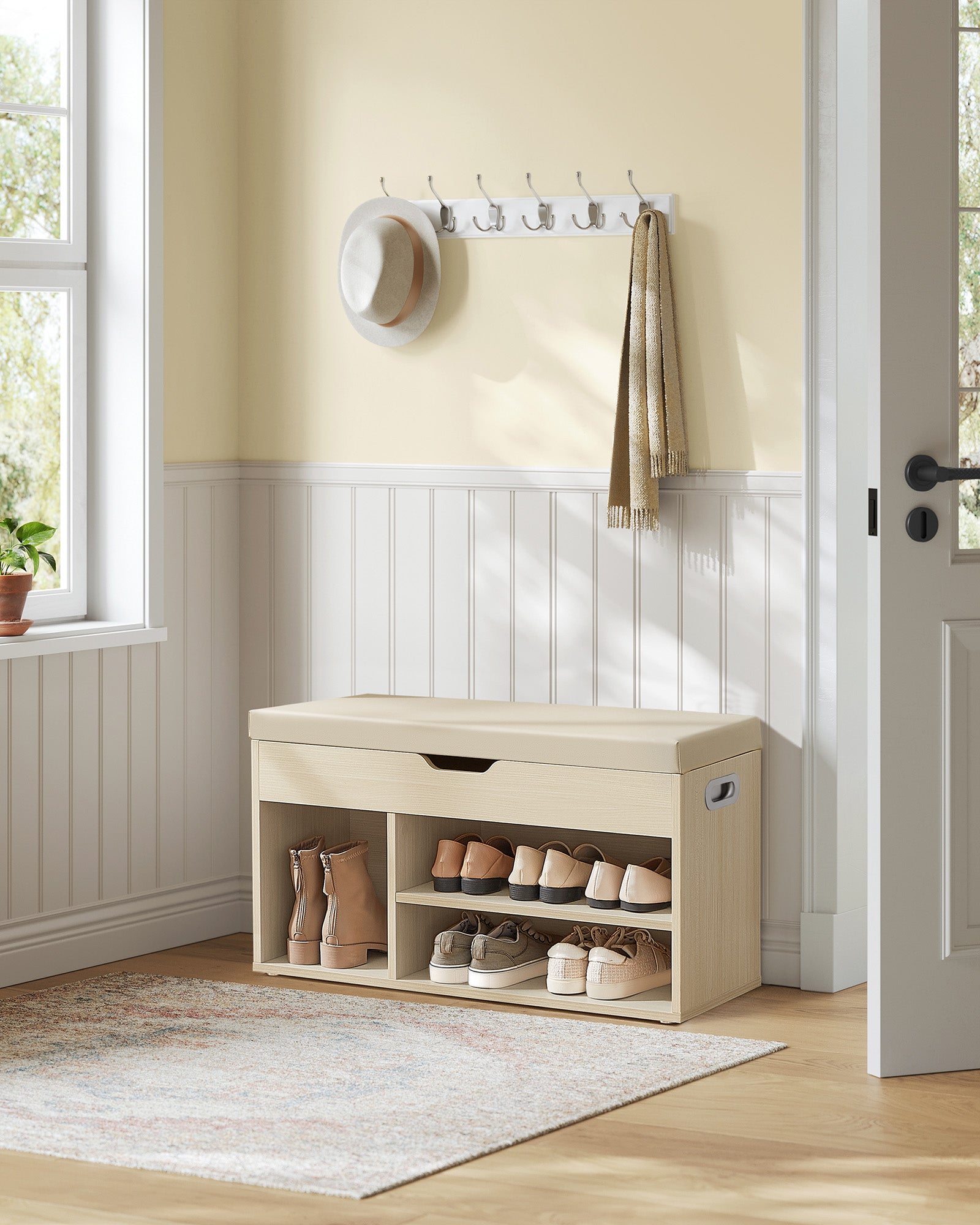Shoe bench with 3 open compartments, natural beige