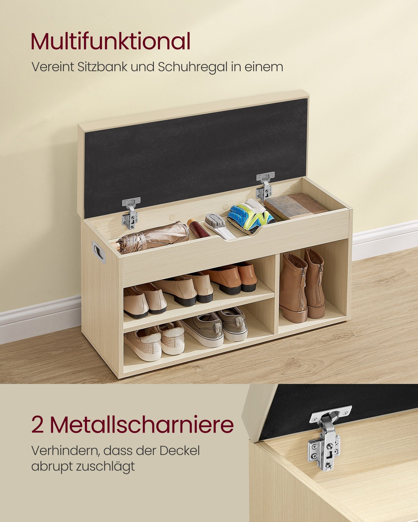 Shoe bench with 3 open compartments, natural beige
