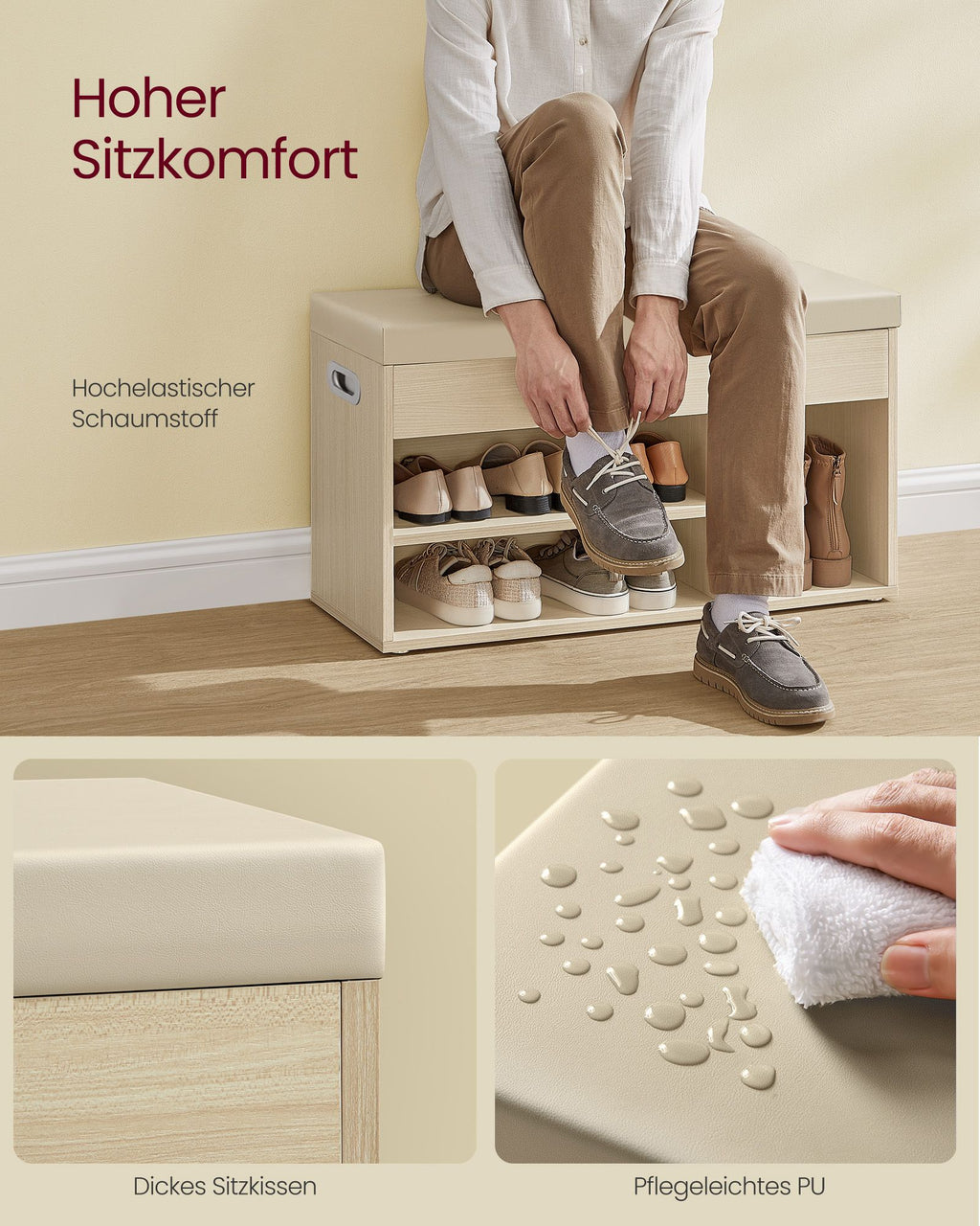 Shoe bench with 3 open compartments, natural beige