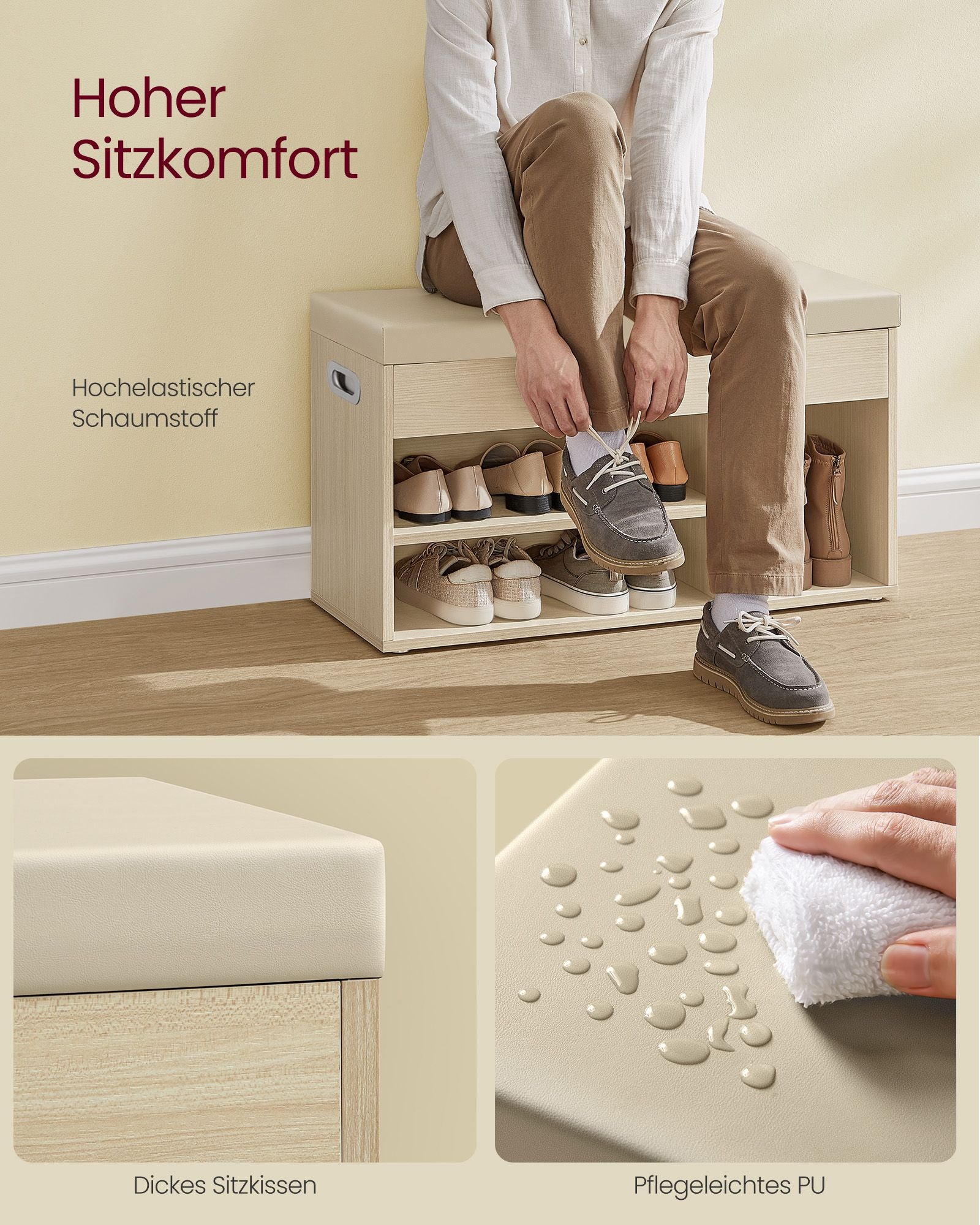 Shoe bench with 3 open compartments, natural beige