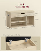Shoe bench with 3 open compartments, natural beige