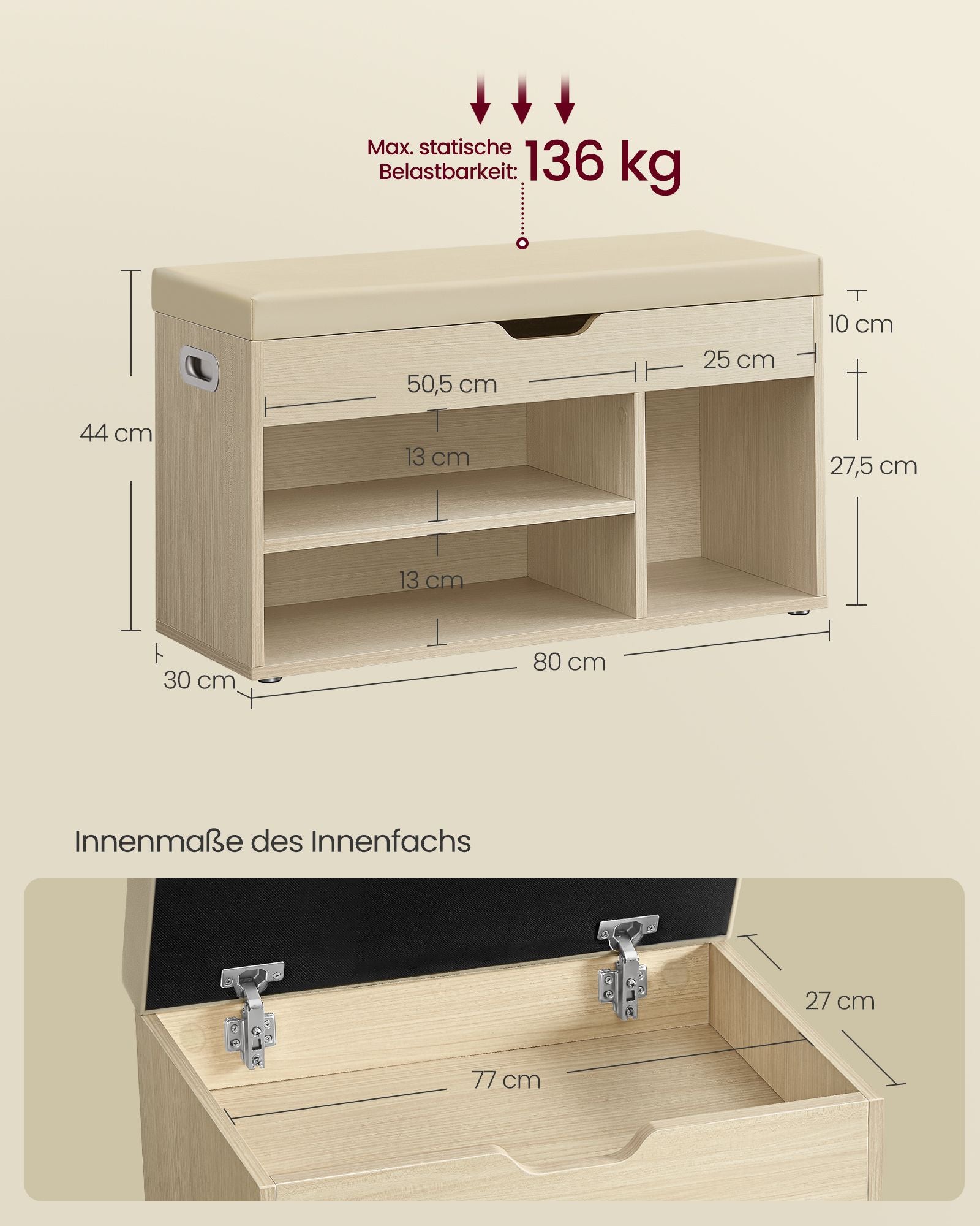 Shoe bench with 3 open compartments, natural beige