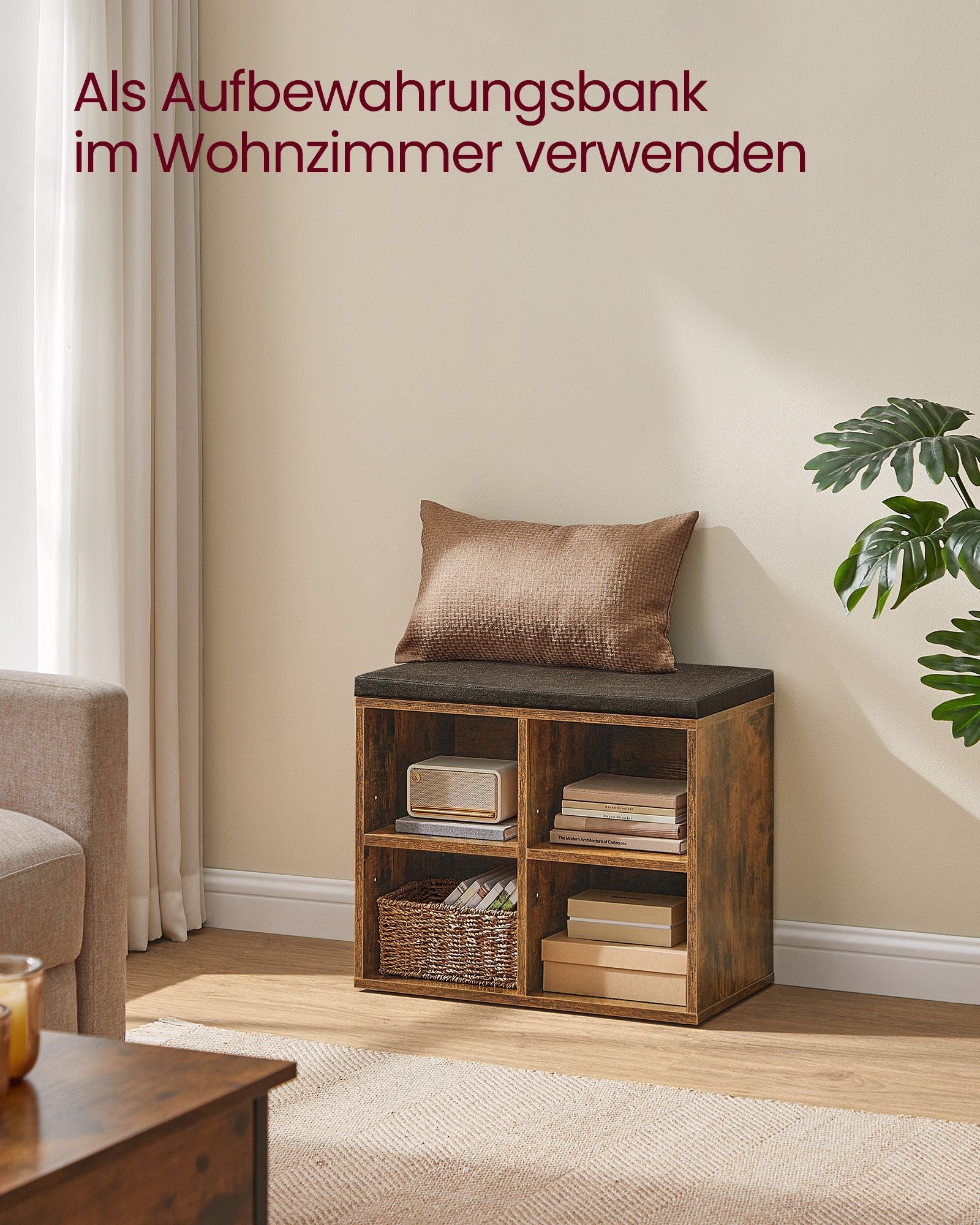 Shoe bench with 4 compartments vintage brown chestnut brown