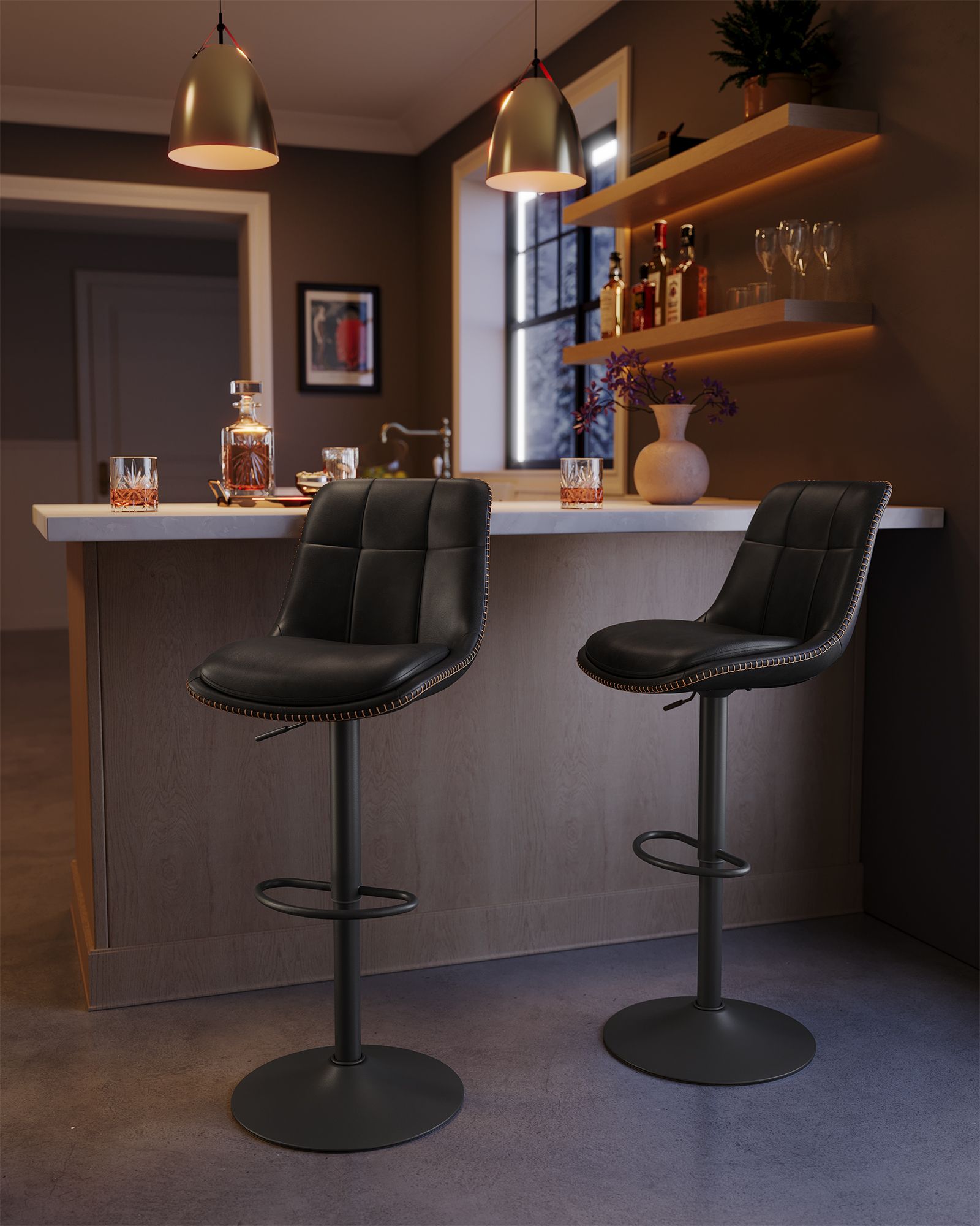 Bar stool - Set of 2 - with backrest - ink black