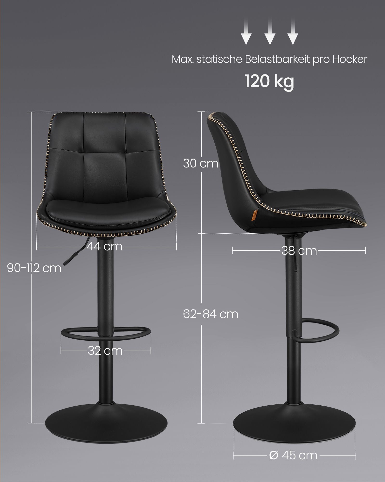 Bar stool - Set of 2 - with backrest - ink black