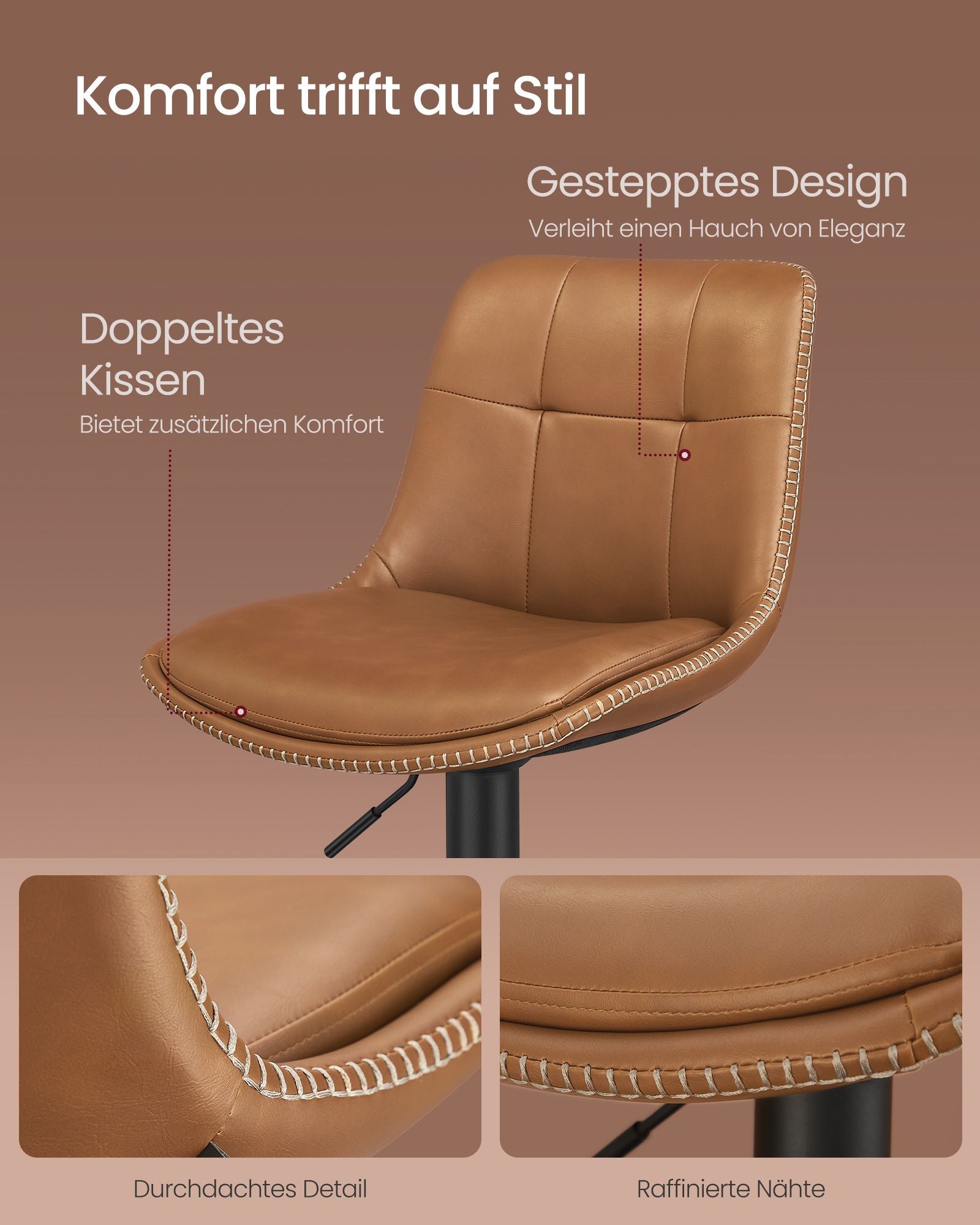 Bar stool - Set of 2 - with backrest - caramel brown