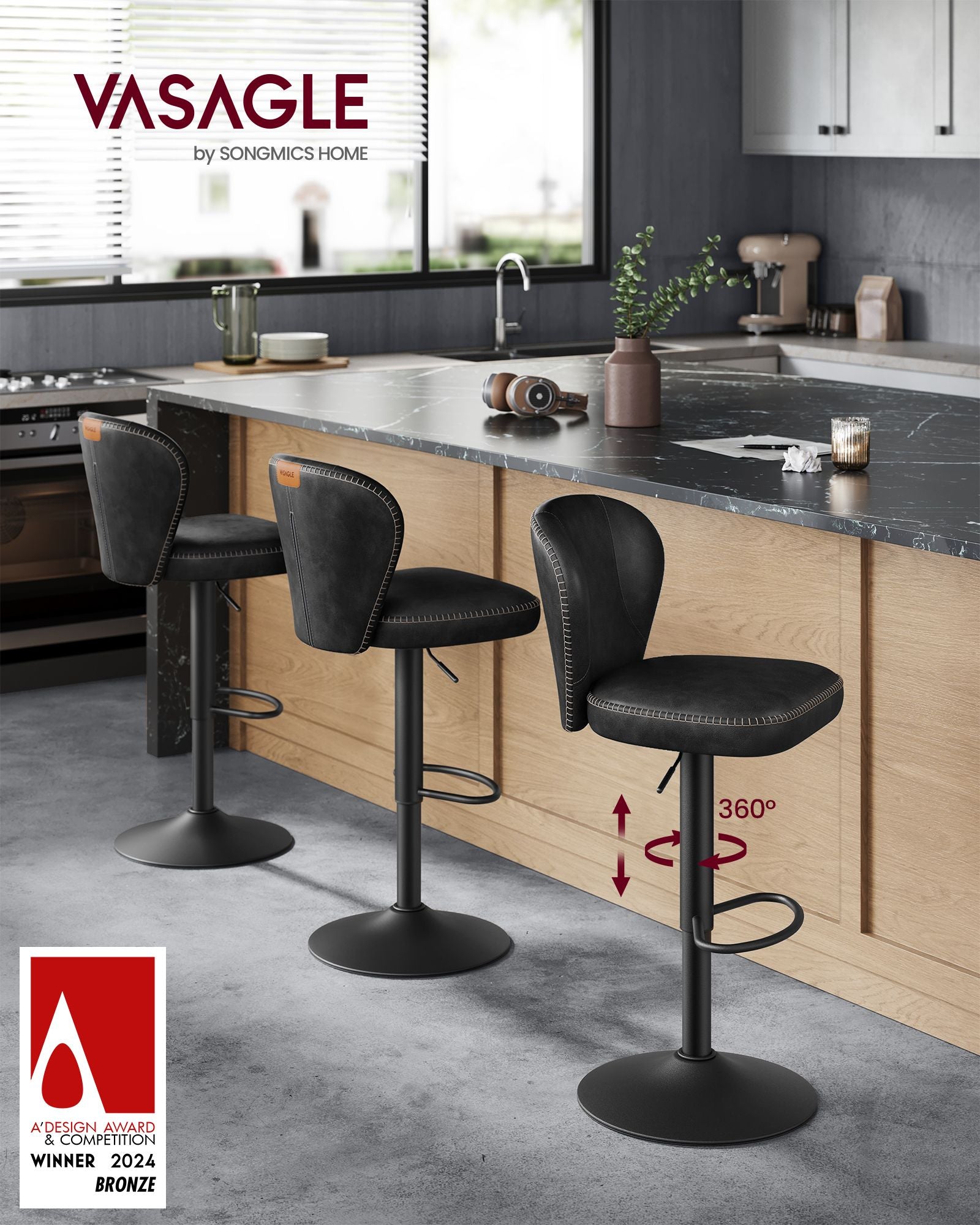 Set of 2 rotating bar stools with backrest ink -black