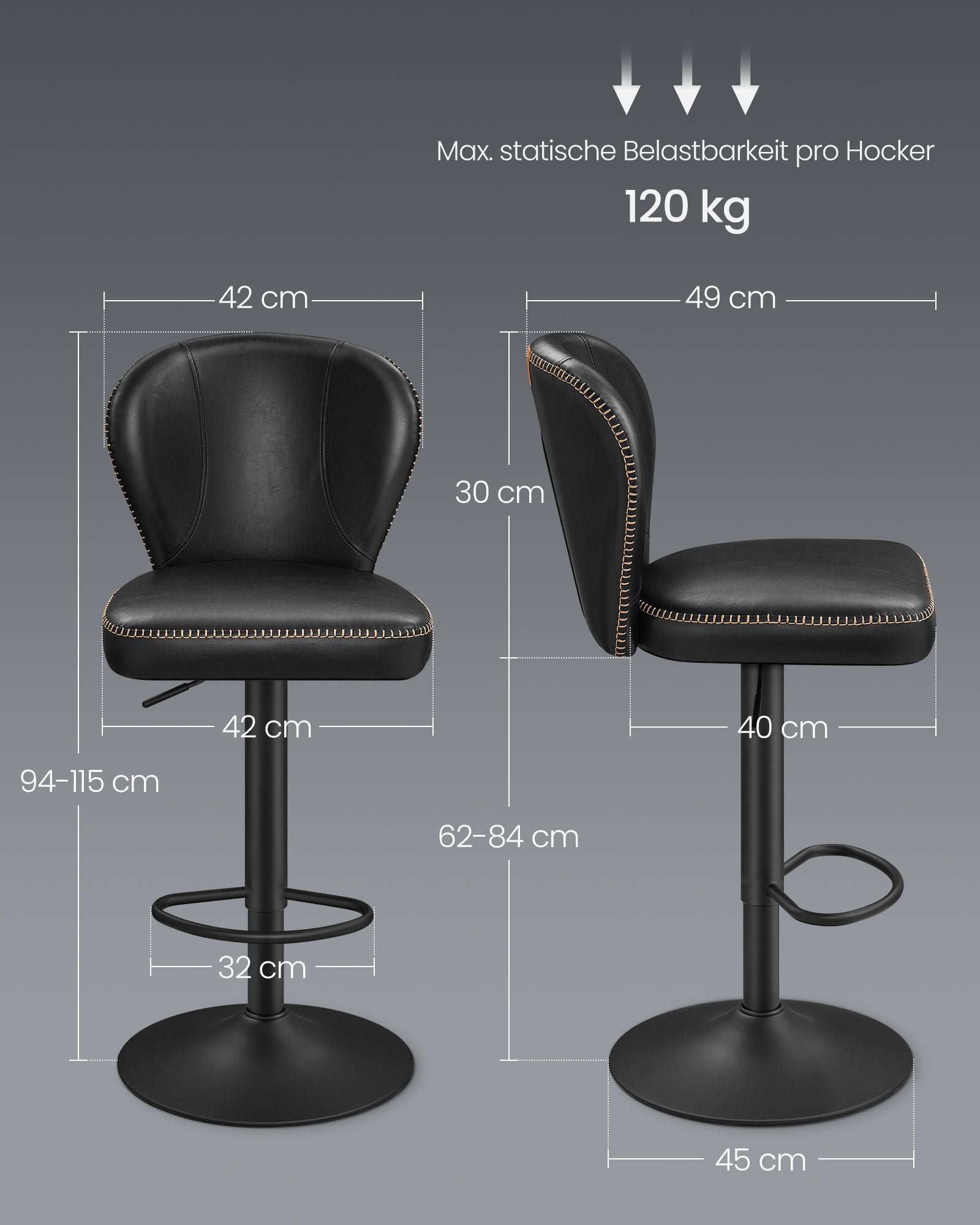 Set of 2 rotating bar stools with backrest ink -black