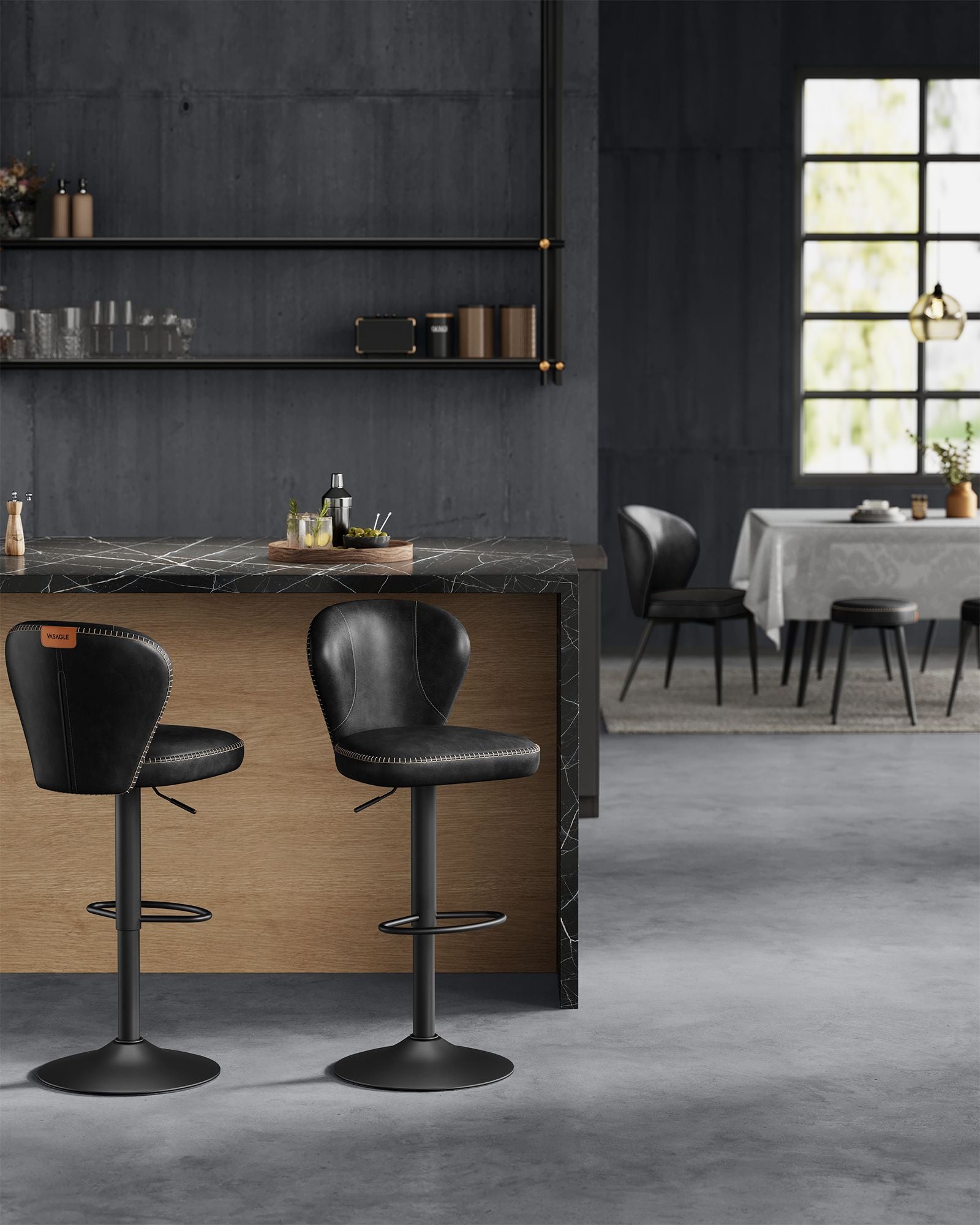 Set of 2 rotating bar stools with backrest ink -black