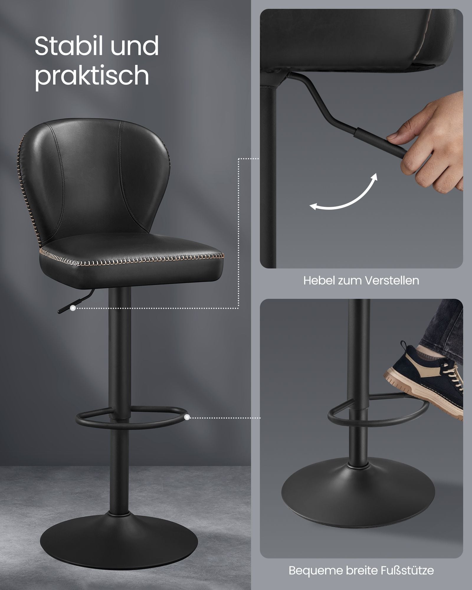 Set of 2 rotating bar stools with backrest ink -black