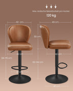 Bar stool set of 2 rotatable with backrest caramel brown