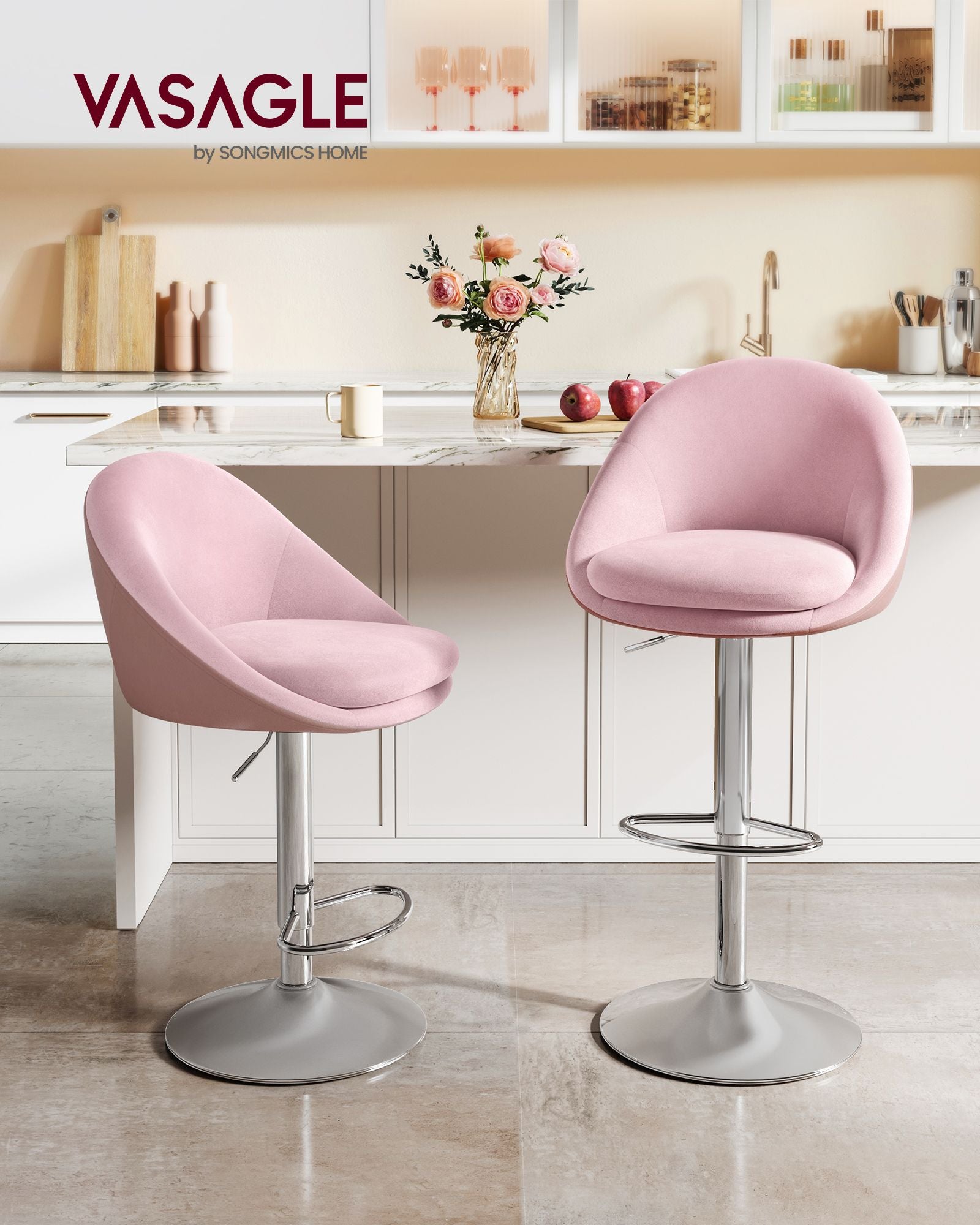 Bar stool - Set of 2 - height adjustable - Pastel pink & silver gray