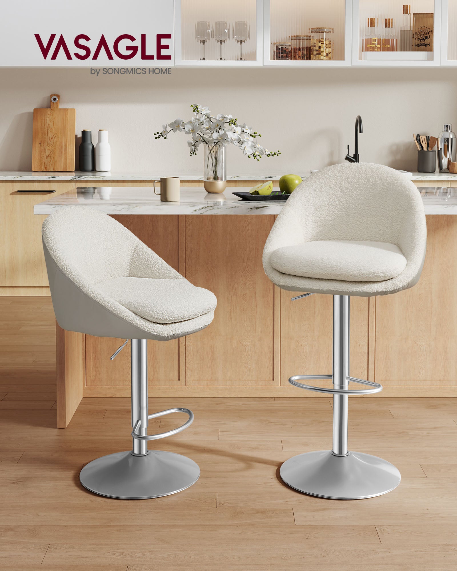 Bar stool set of 2 in height adjustable cream white-silver gray