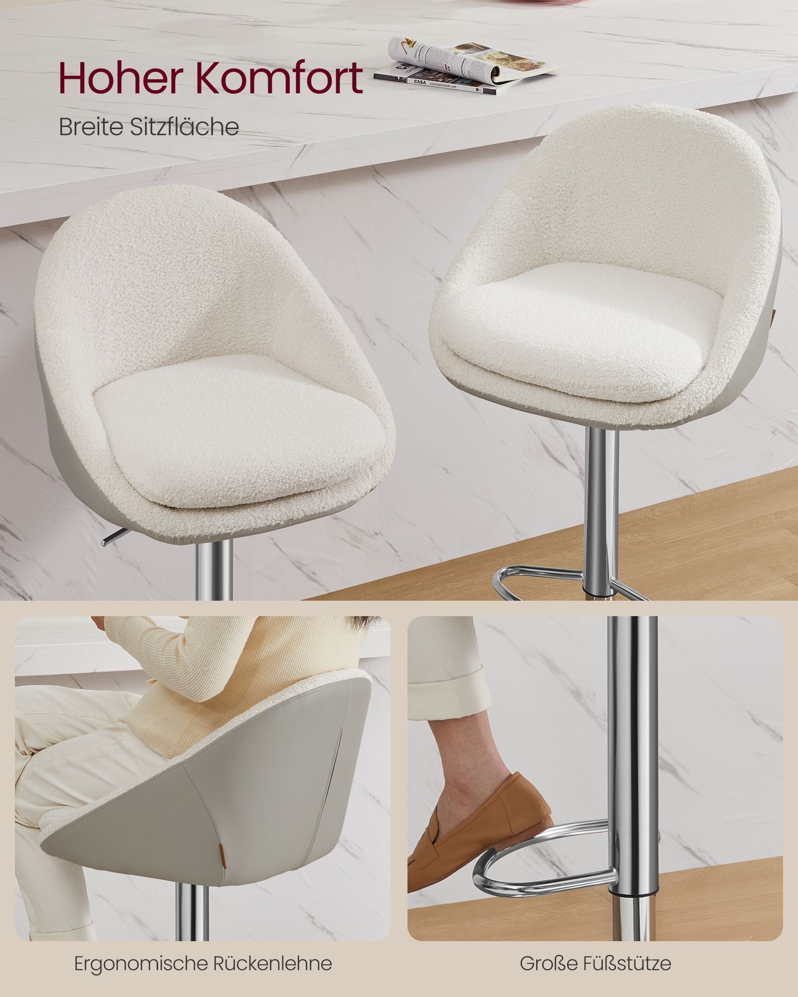 Bar stool set of 2 in height adjustable cream white-silver gray