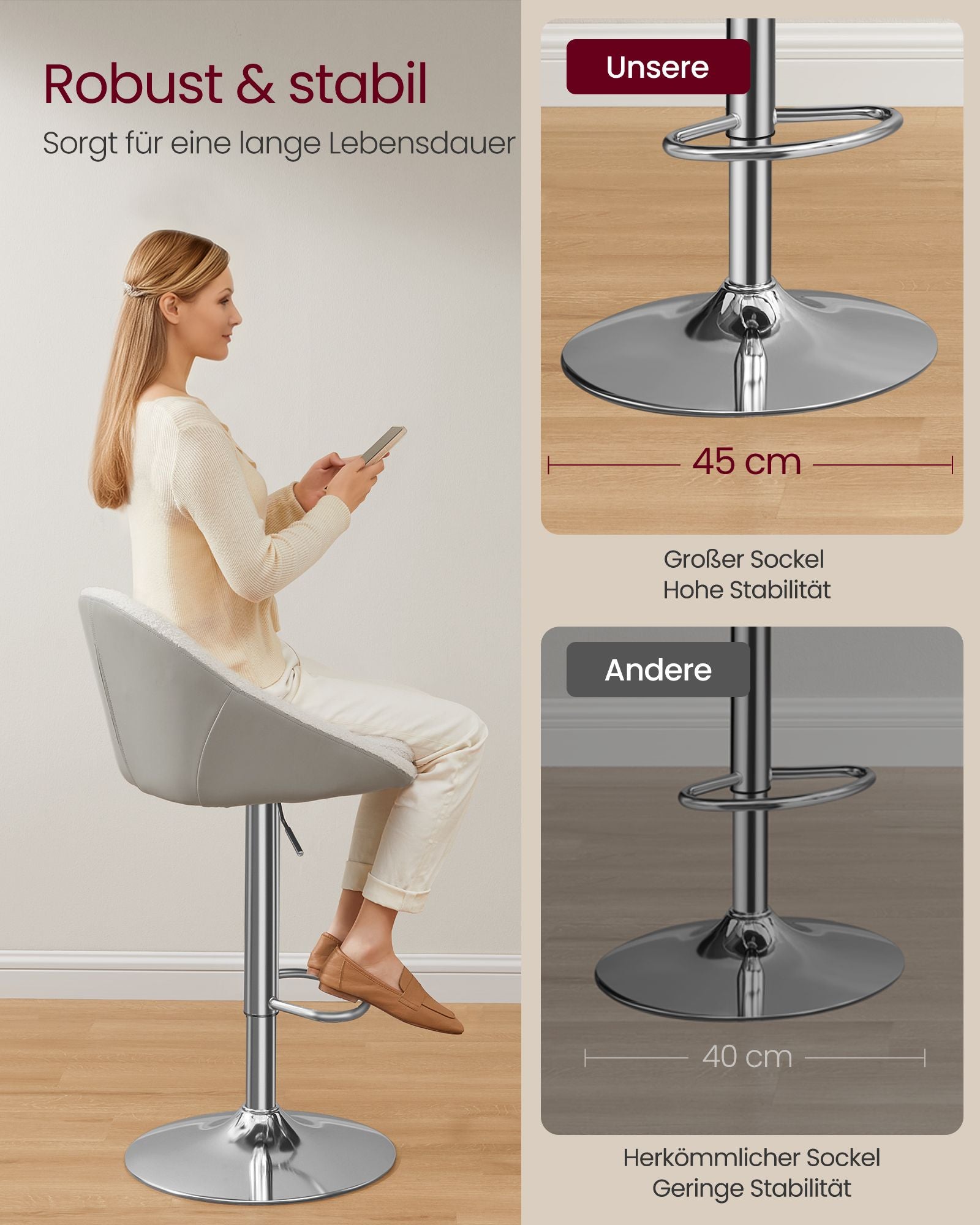 Bar stool set of 2 in height adjustable cream white-silver gray