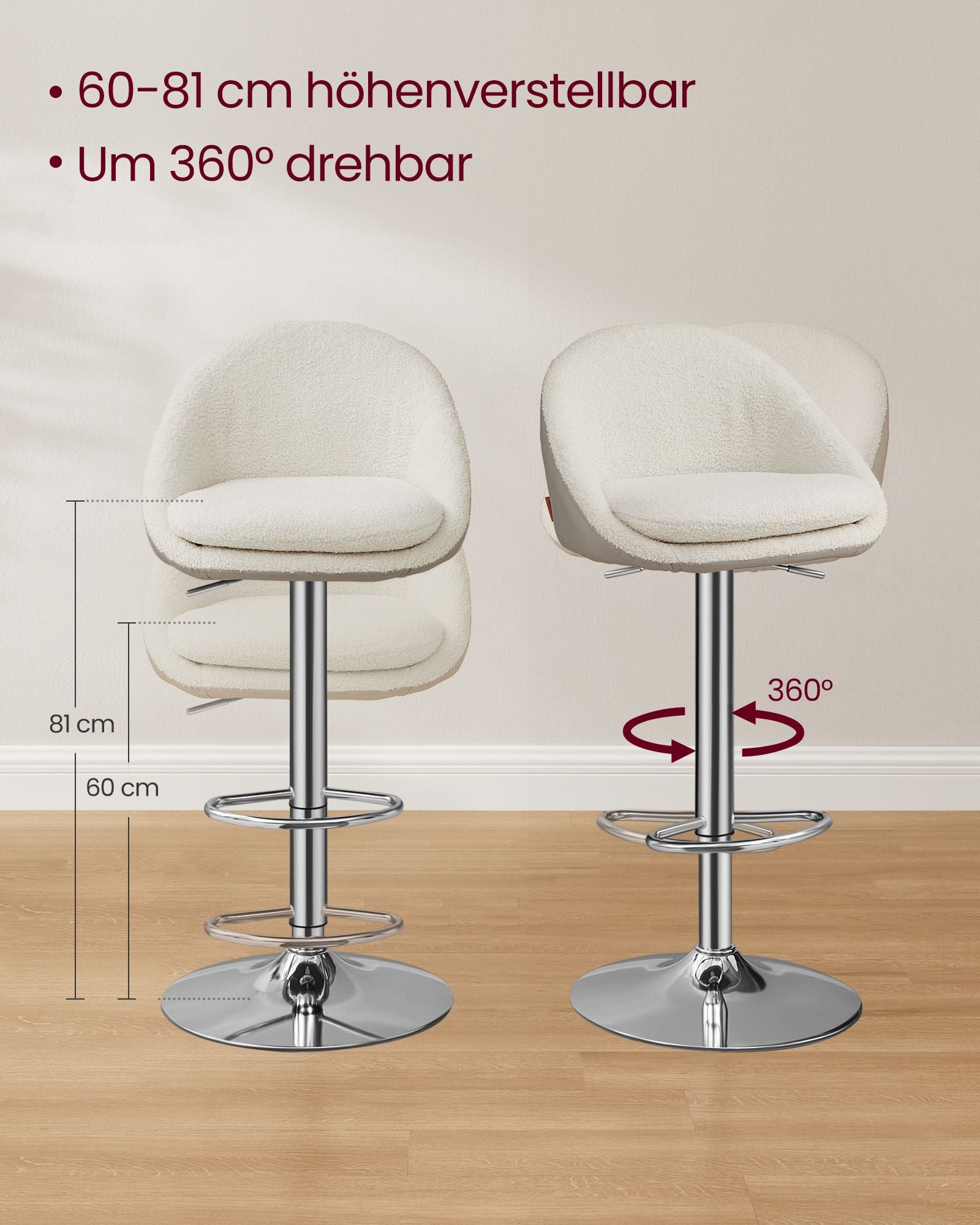 Bar stool set of 2 in height adjustable cream white-silver gray