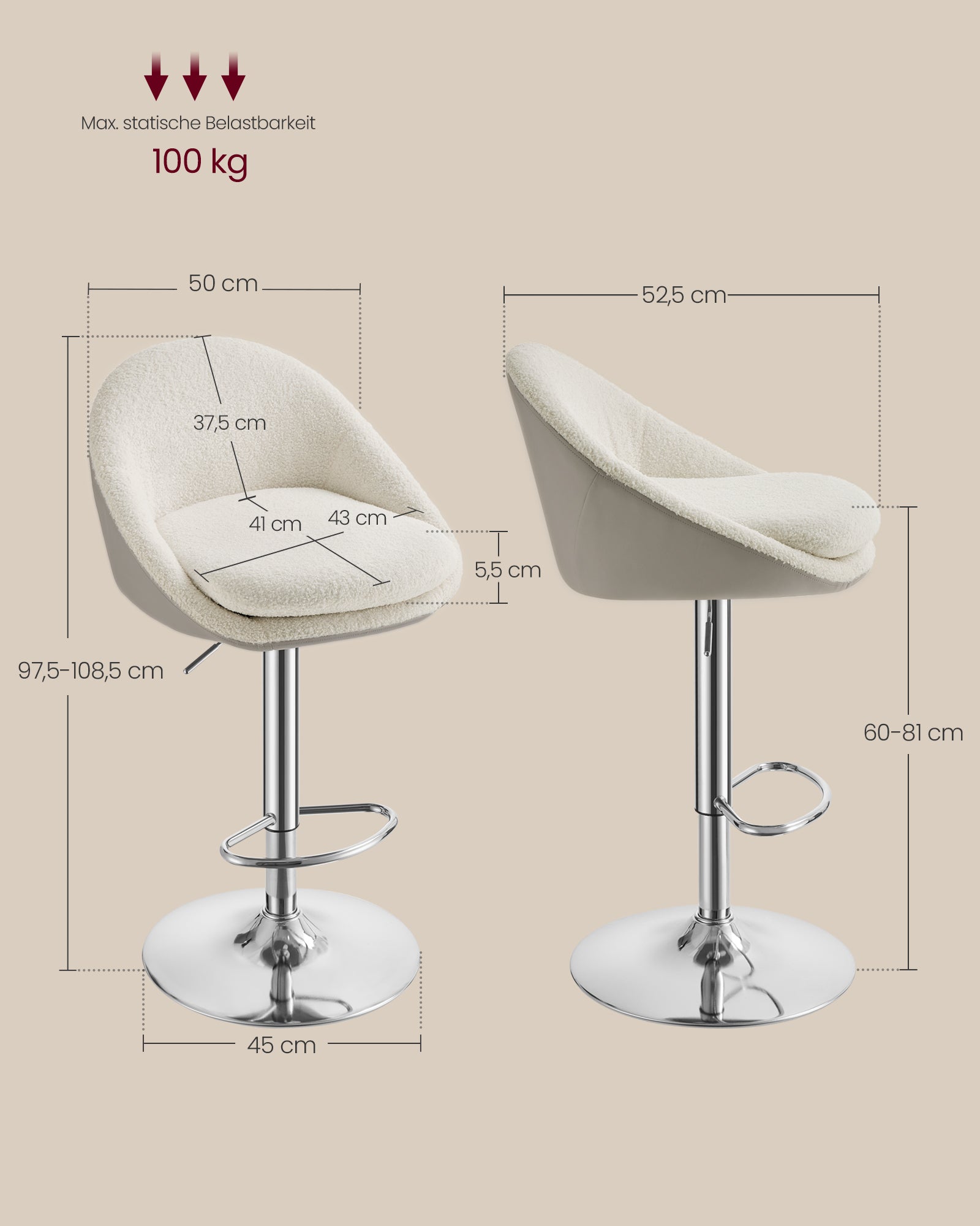 Bar stool set of 2 in height adjustable cream white-silver gray