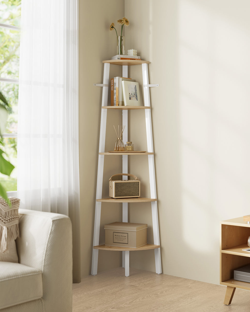 Bookcase 5 levels Industrial natural oak color matt white