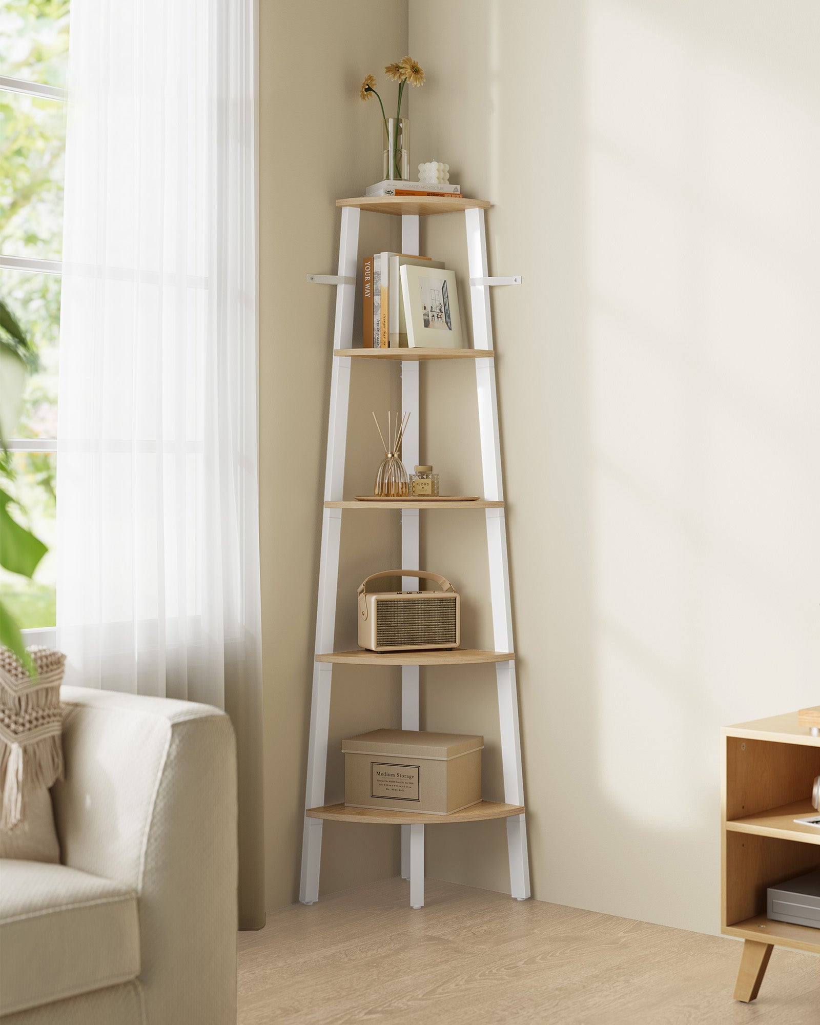 Bookcase 5 levels Industrial natural oak color matt white