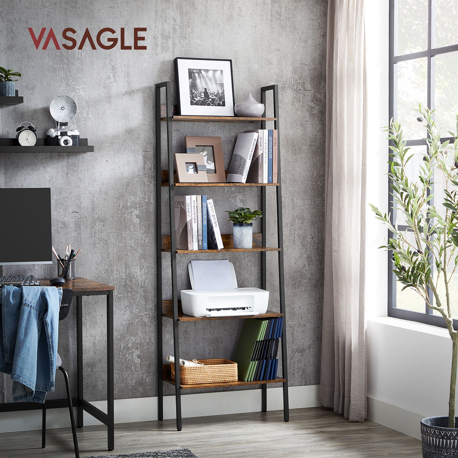 Bookcase - Living room cabinet - With 5 levels - Metal frame - Brown