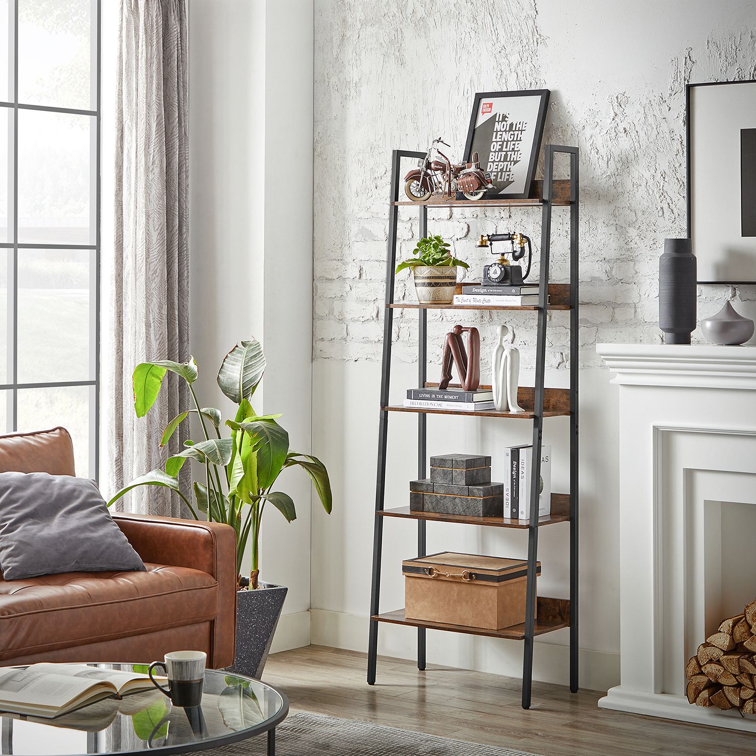 Bookcase - Living room cabinet - With 5 levels - Metal frame - Brown
