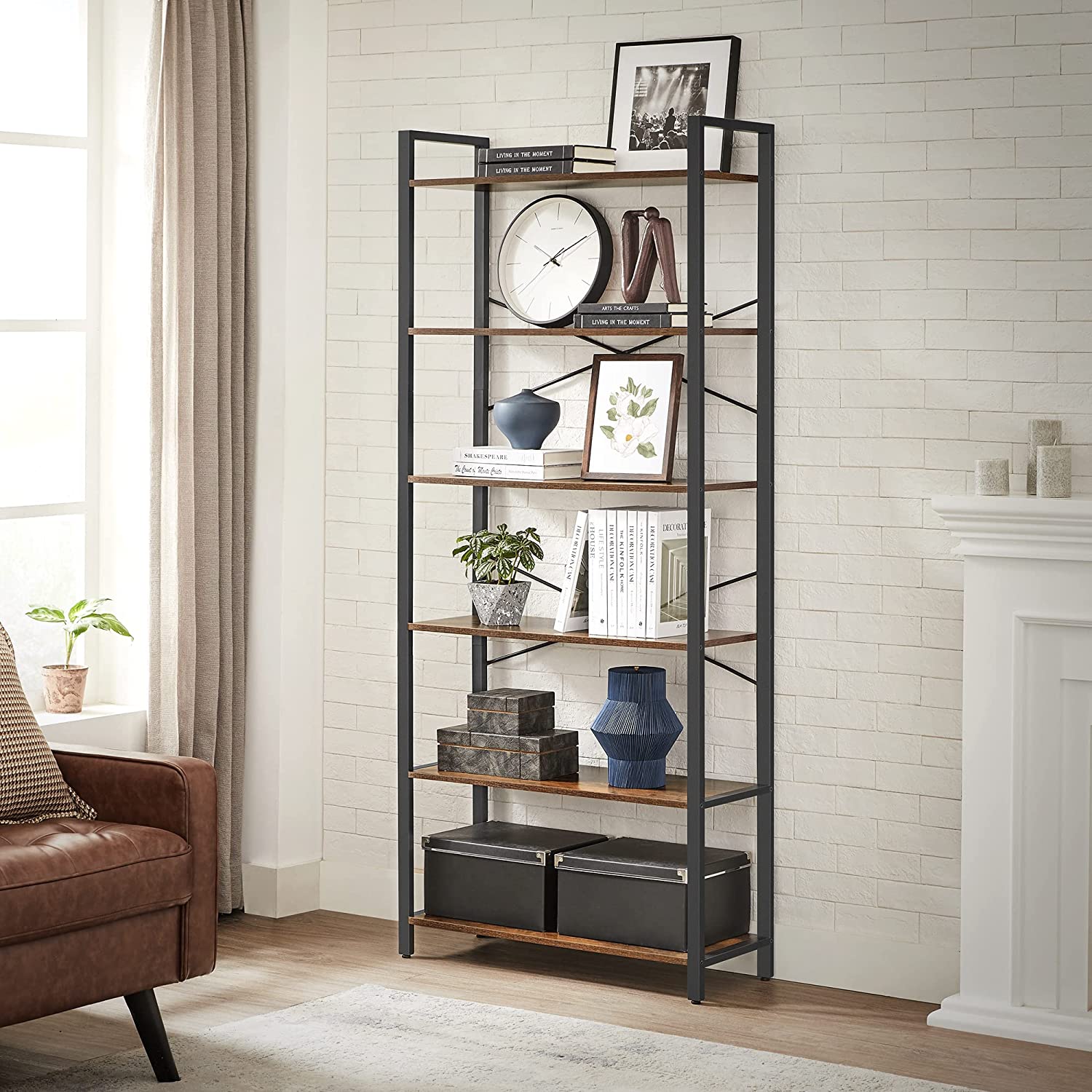 Bookcase - 6 levels - 30 x 120 x 172.5 cm - Vintage brown / black