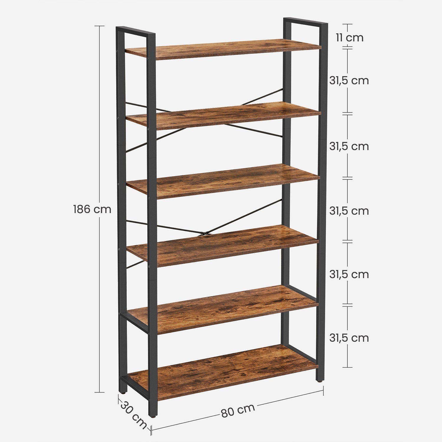 Bookcase - 6 levels - 30 x 120 x 172.5 cm - Vintage brown / black