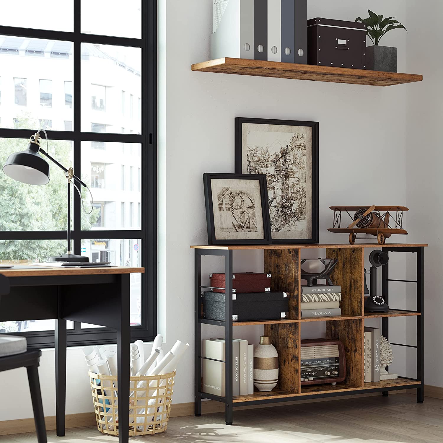 Bookcase - Standing cupboard with 6 compartments - Industrial design - Brown/Black