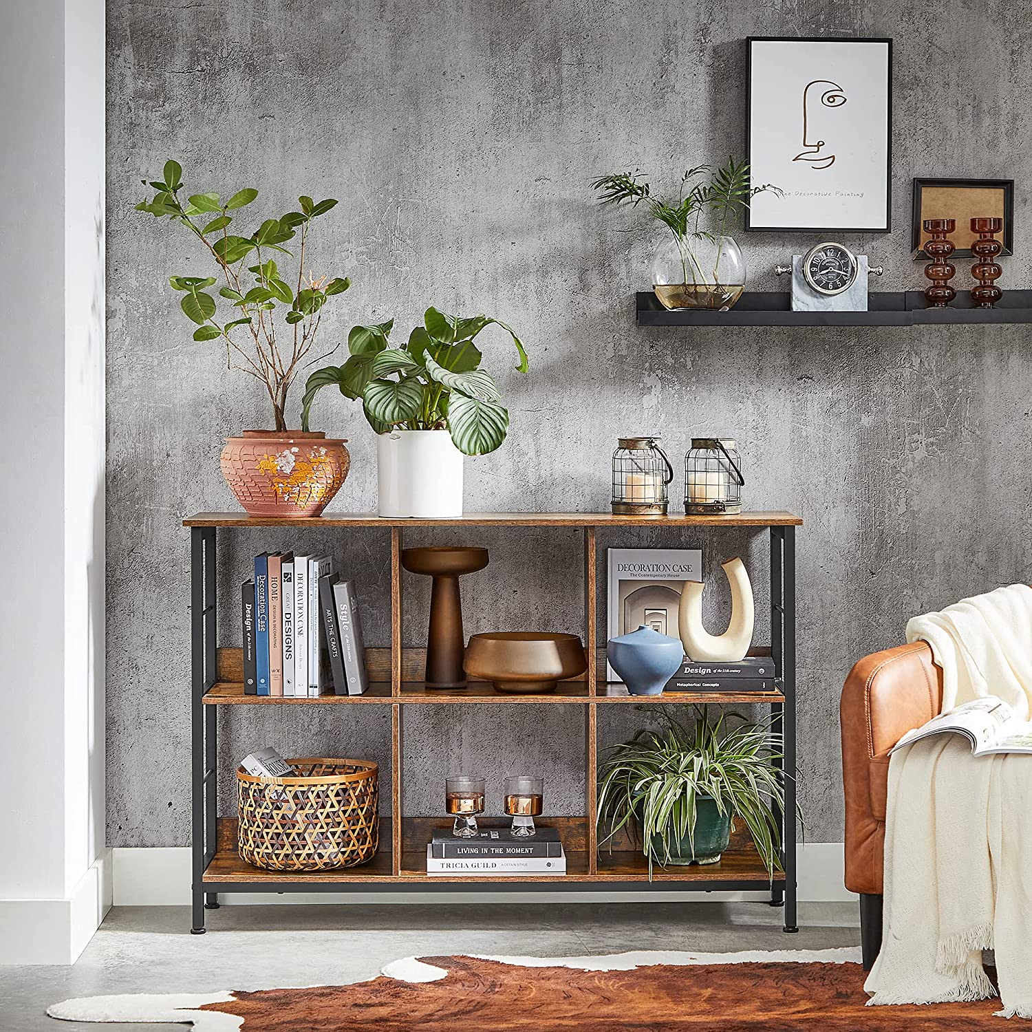 Bookcase - Standing cupboard with 6 compartments - Industrial design - Brown/Black