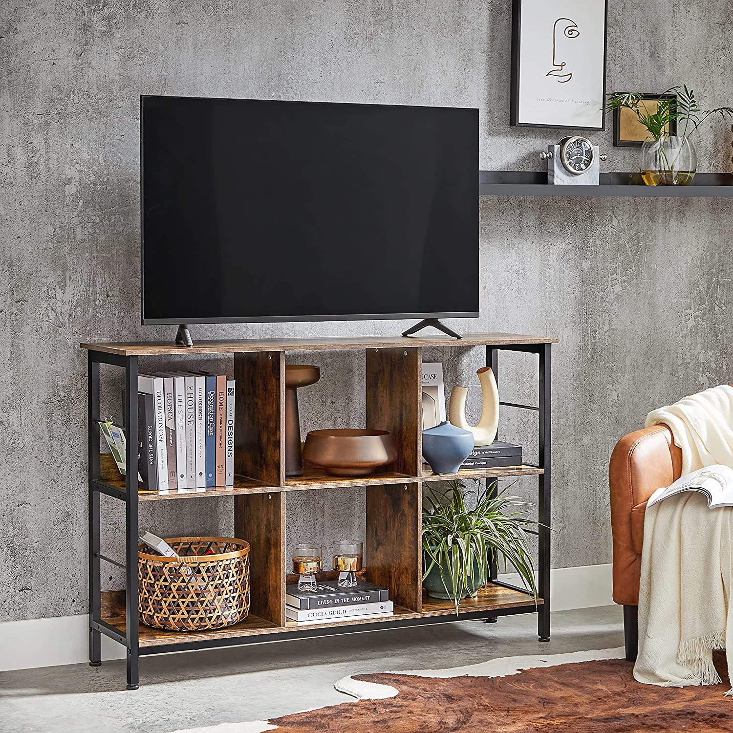Bookcase - Standing cupboard with 6 compartments - Industrial design - Brown/Black