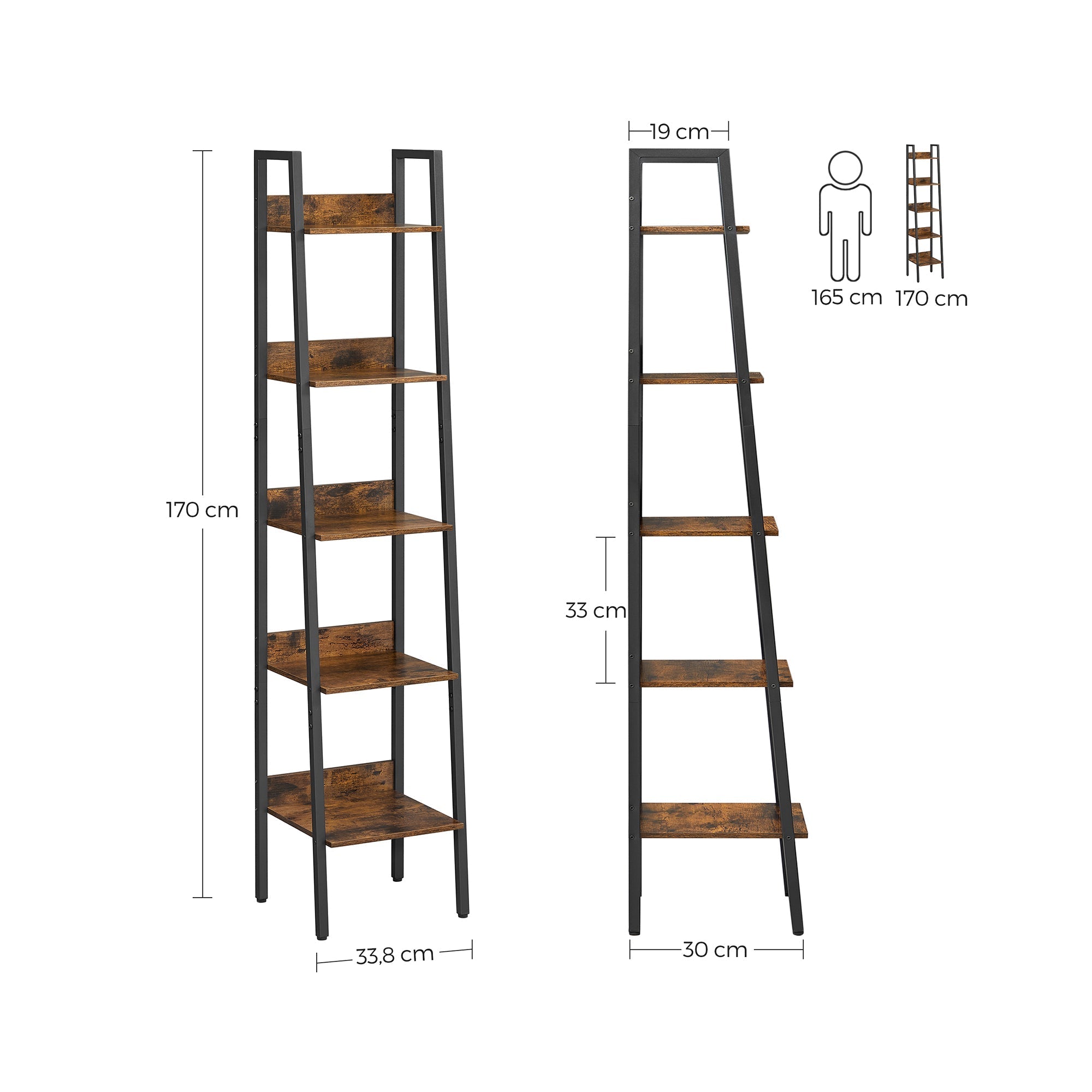 Bookcase - Ladderboard - With 5 shelves - Metal frame - Brown / Black
