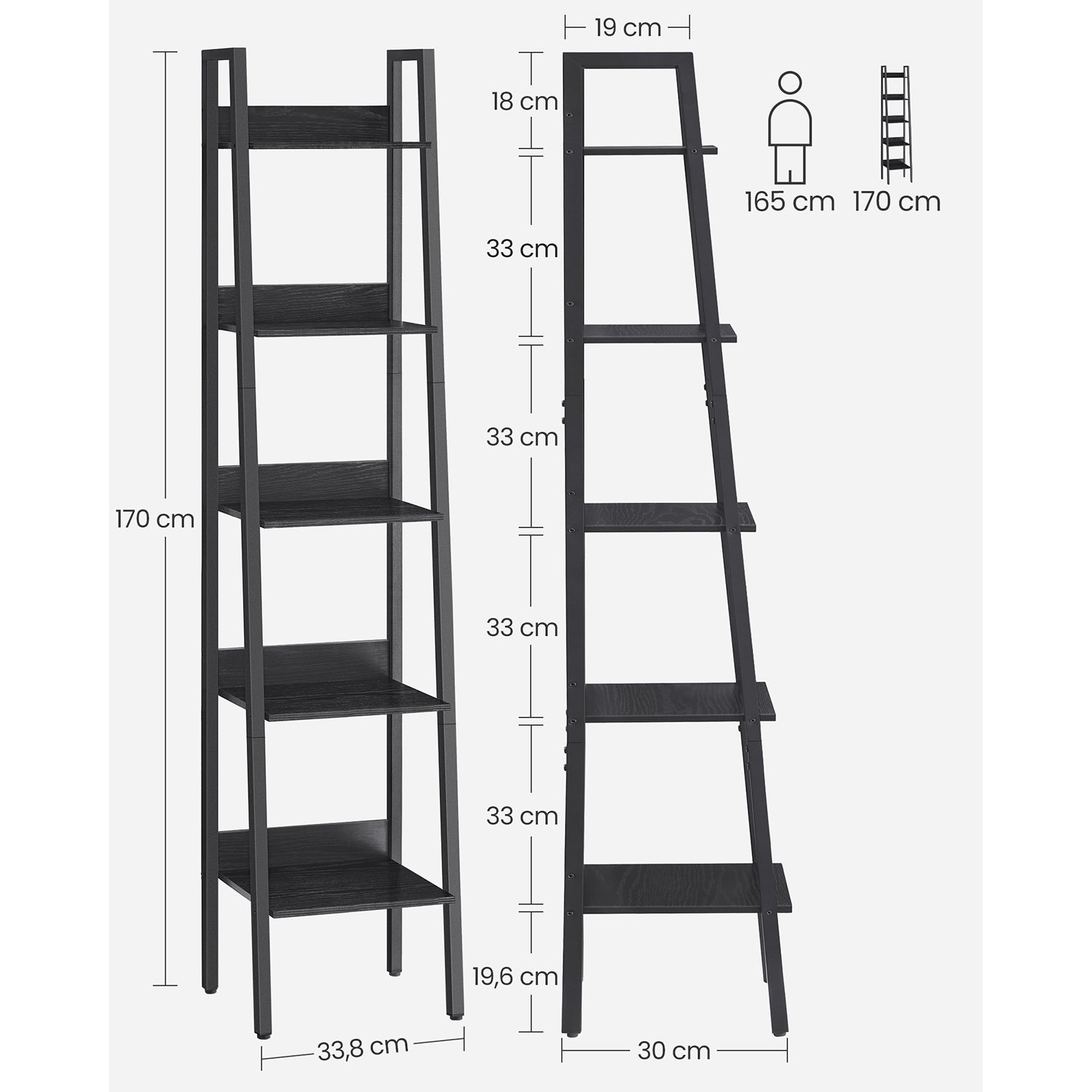 Bookcase - Ladder rack - With 5 levels - Metal frame - Black