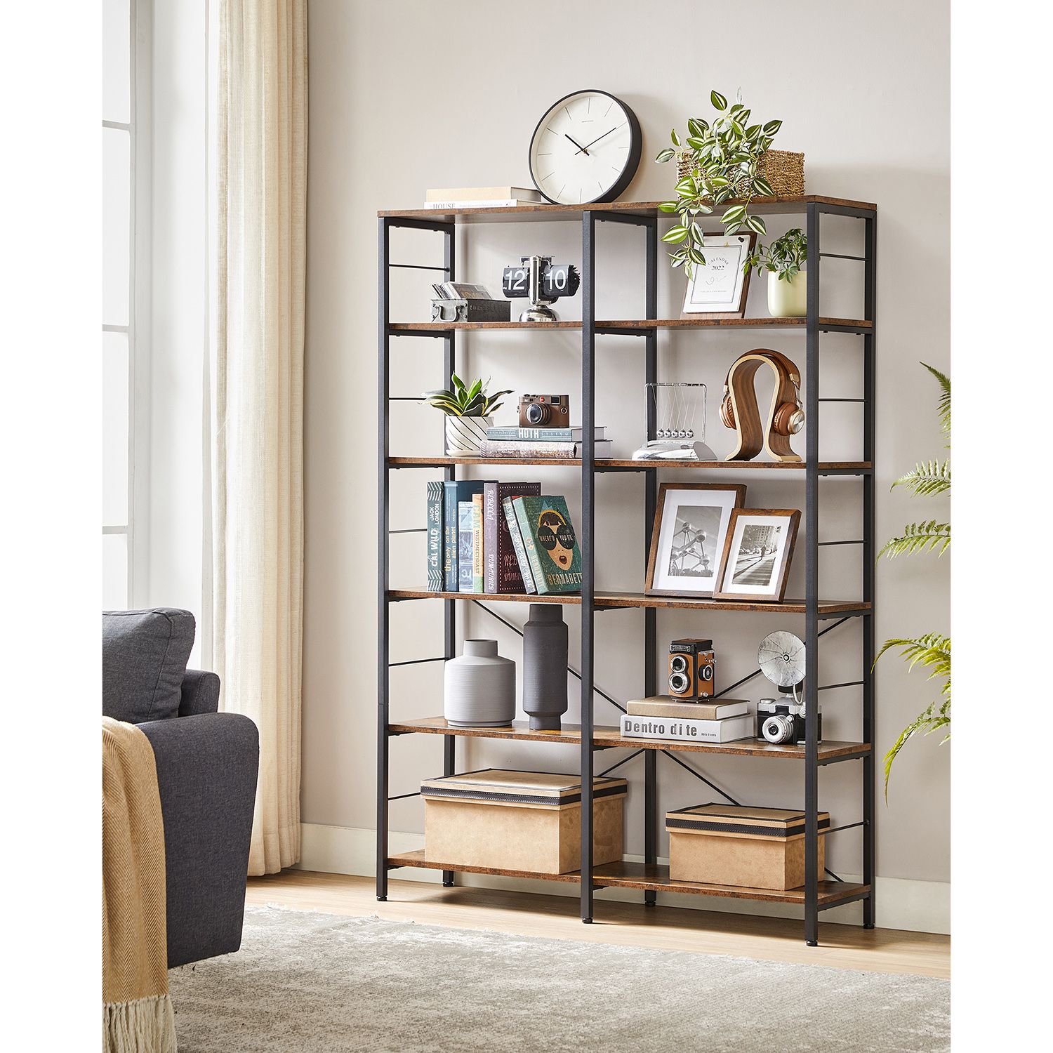 Bookcase - 6 levels - 30 x 120 x 172.5 cm - Vintage brown / black