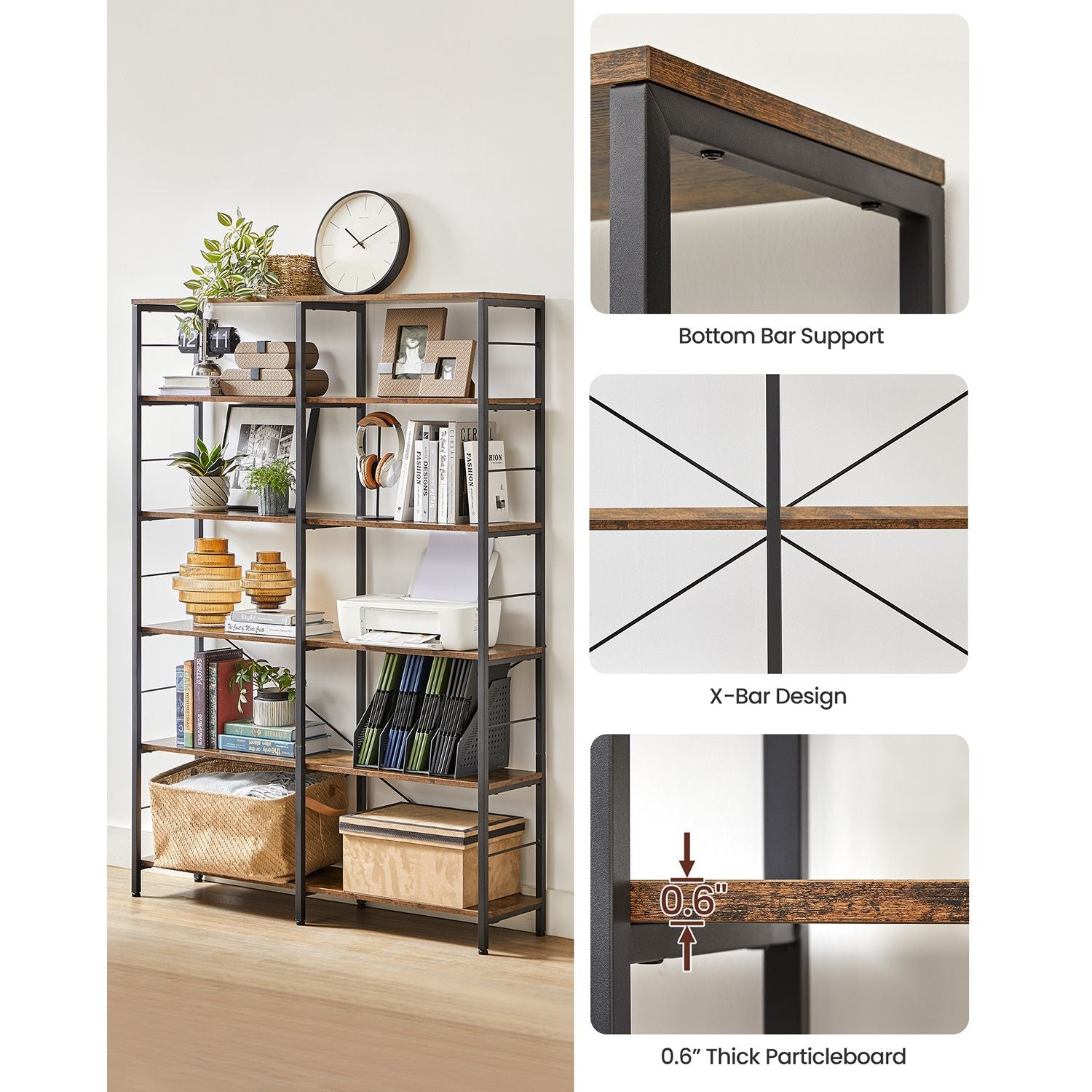 Bookcase - 6 levels - 30 x 120 x 172.5 cm - Vintage brown / black