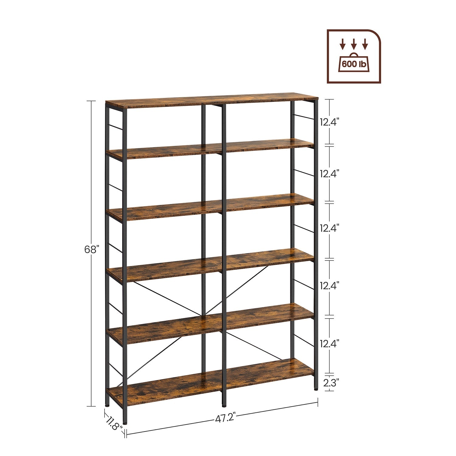 Bookcase - 6 levels - 30 x 120 x 172.5 cm - Vintage brown / black
