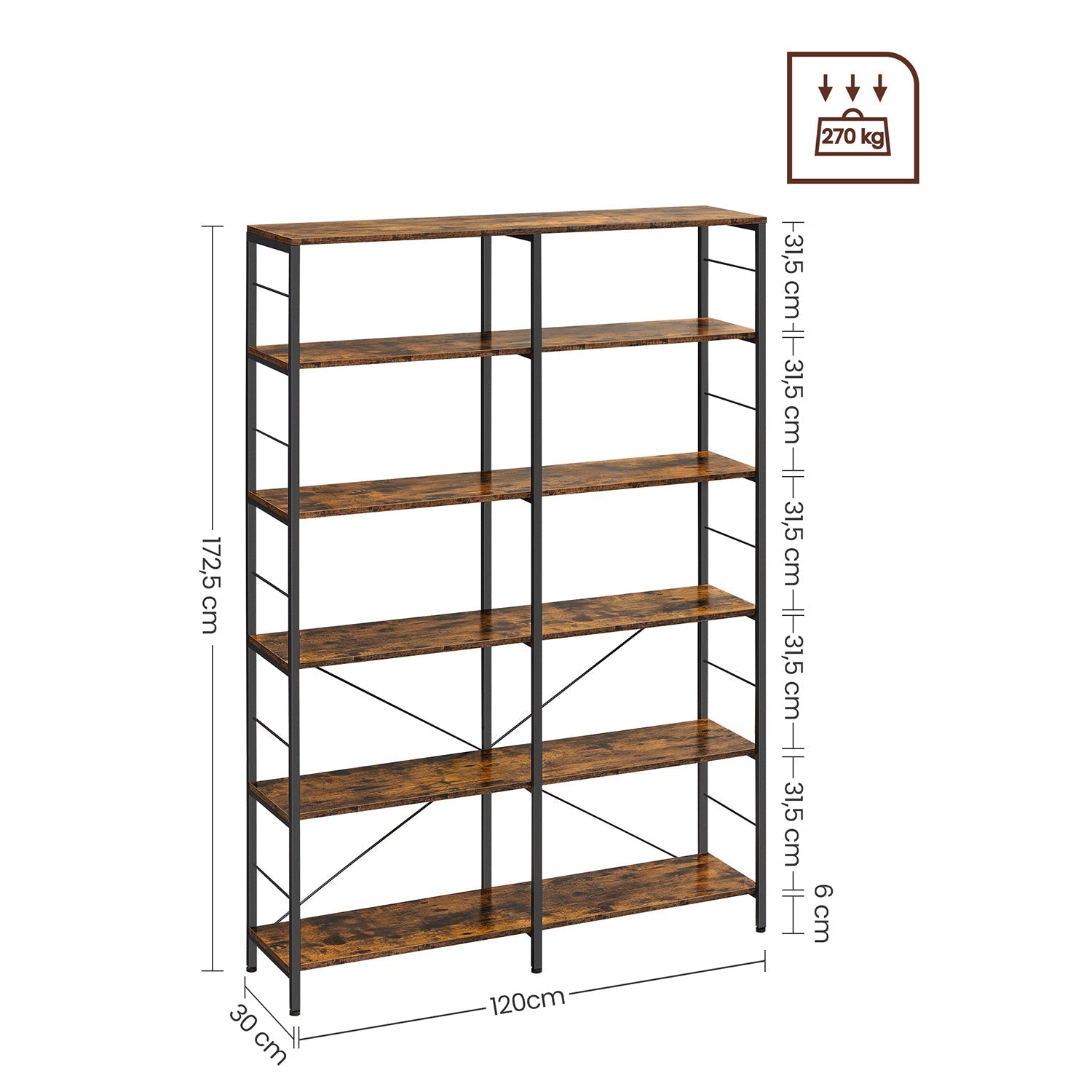 Bookcase - 6 levels - 30 x 120 x 172.5 cm - Vintage brown / black