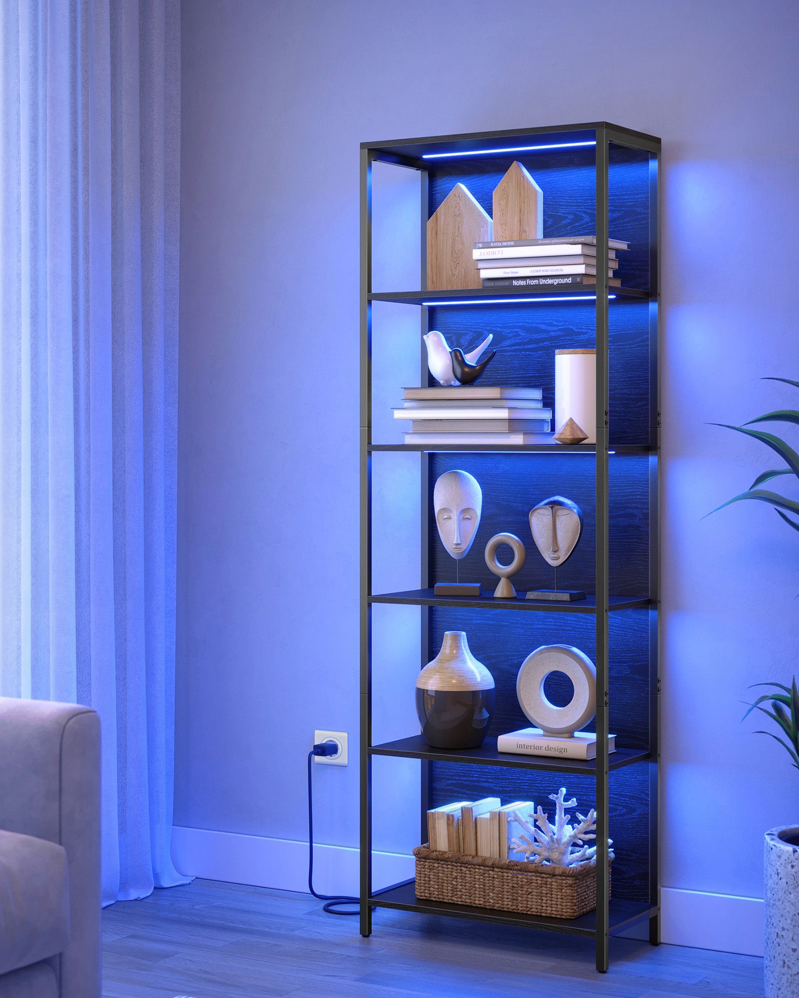 Bookcase with 6 levels and lighting, 30 x 60 x 180 cm