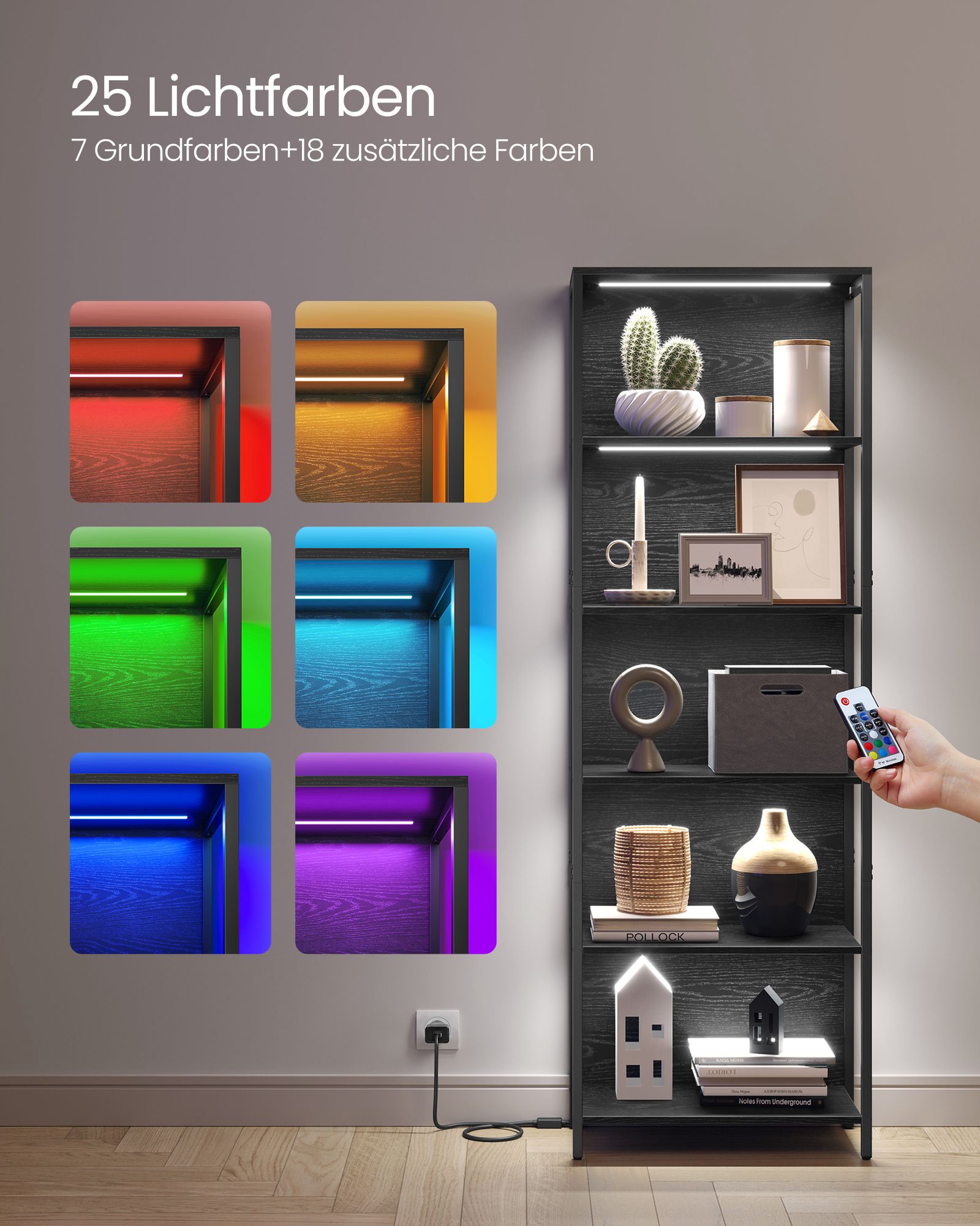 Bookcase with 6 levels and lighting, 30 x 60 x 180 cm