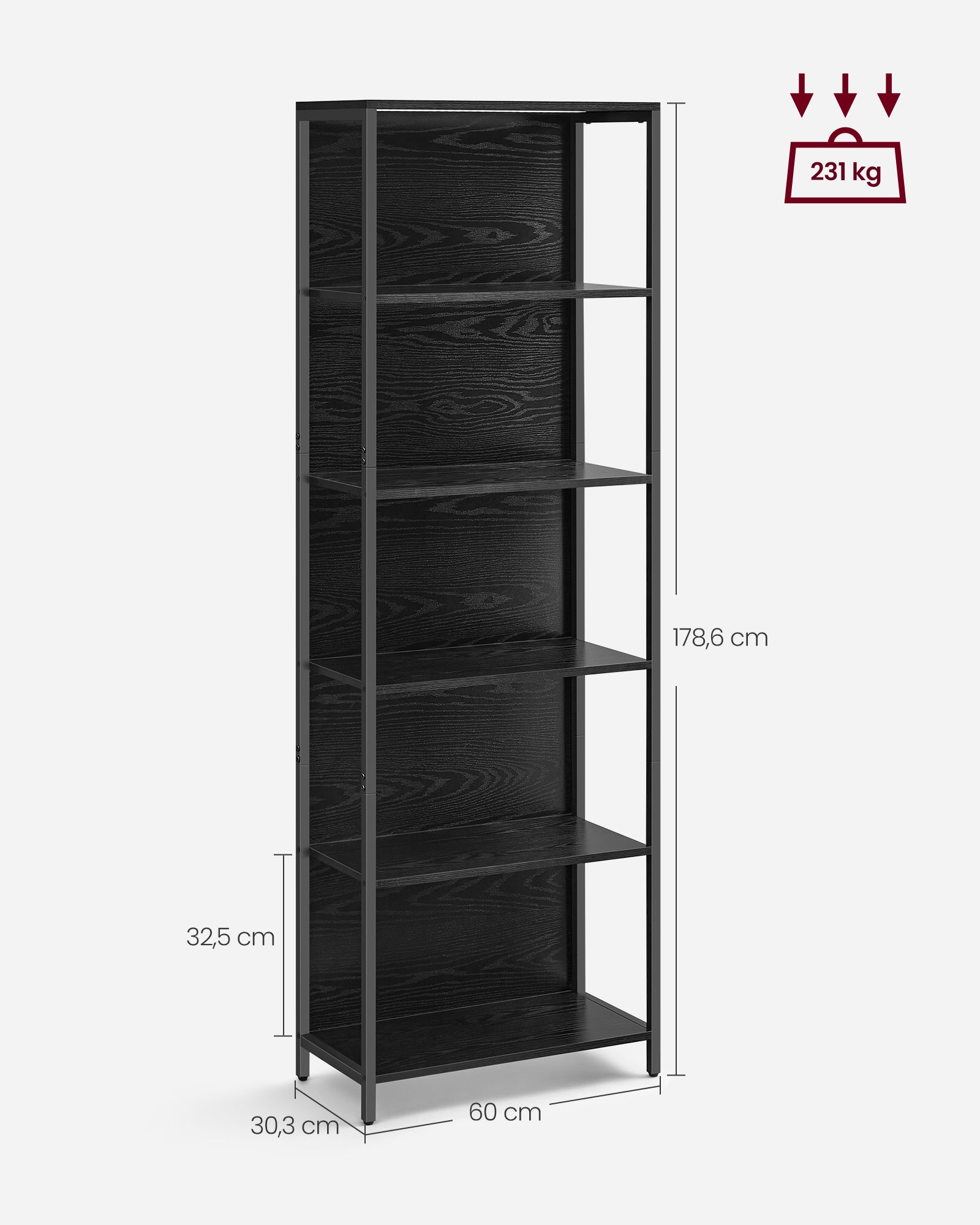 Bookcase with 6 levels and lighting, 30 x 60 x 180 cm