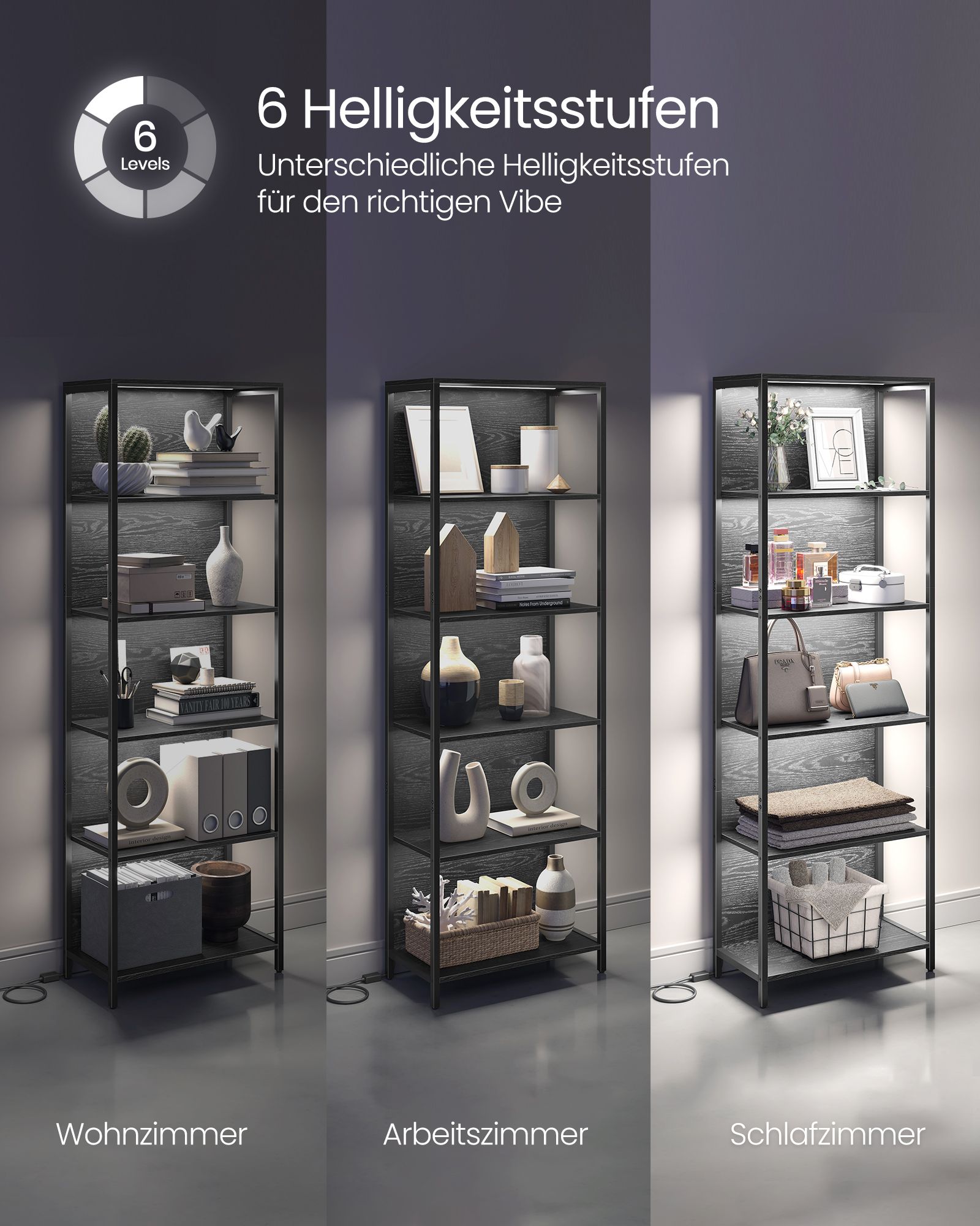 Bookcase with 6 levels and lighting, 30 x 60 x 180 cm