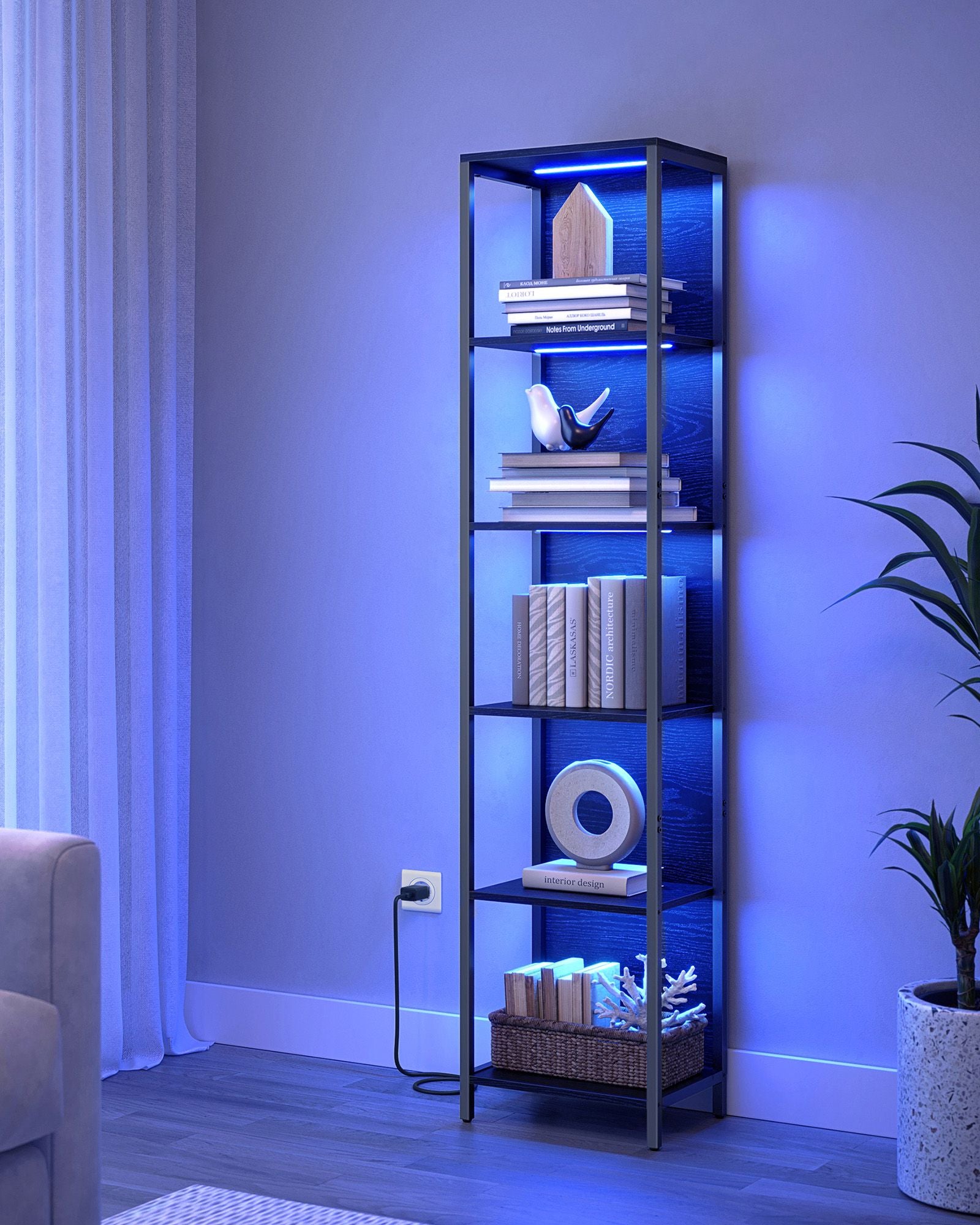 Bookcase with 6 levels and lighting, 30 x 40 x 180 cm
