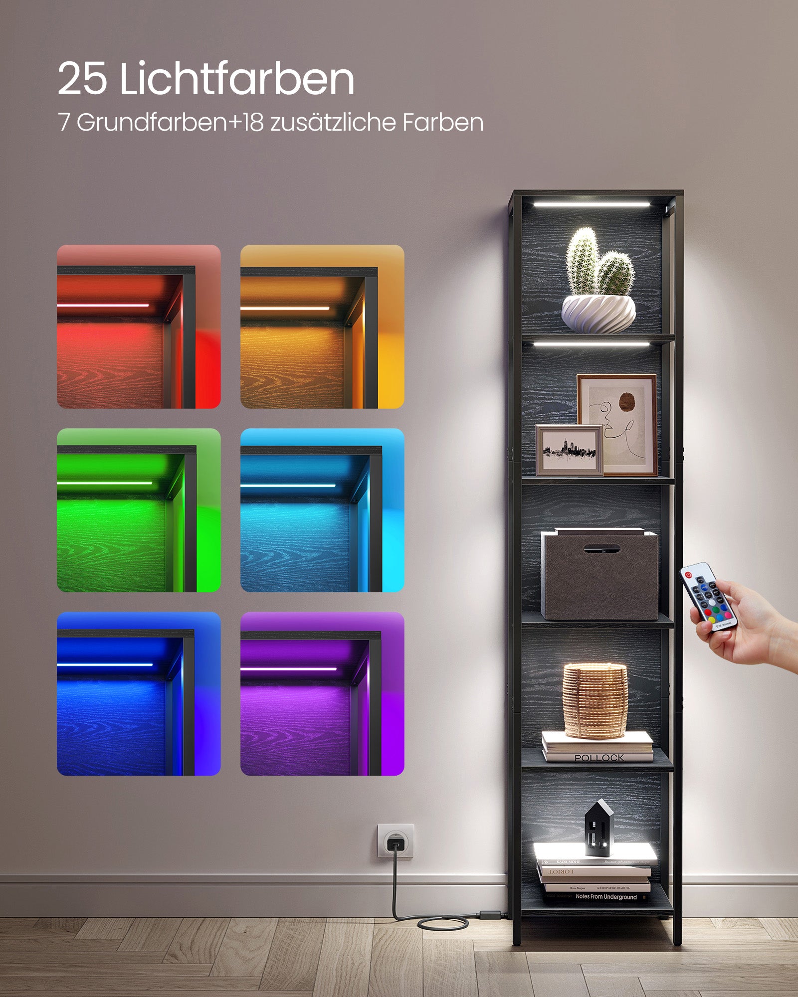 Bookcase with 6 levels and lighting, 30 x 40 x 180 cm
