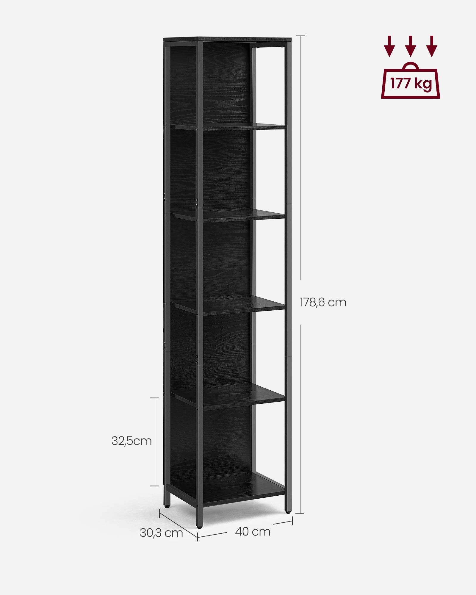 Bookcase with 6 levels and lighting, 30 x 40 x 180 cm