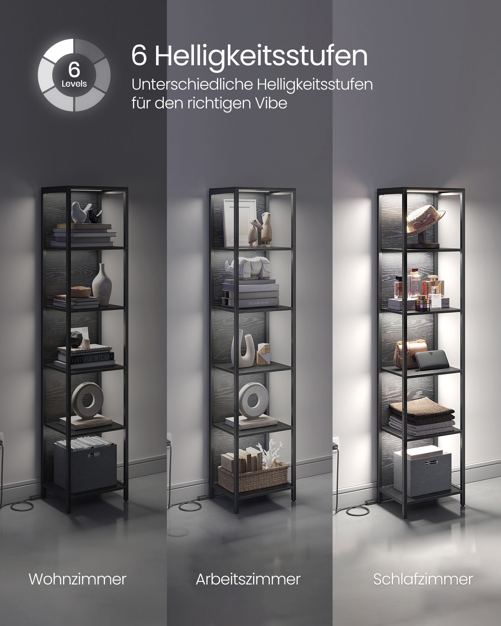 Bookcase with 6 levels and lighting, 30 x 40 x 180 cm