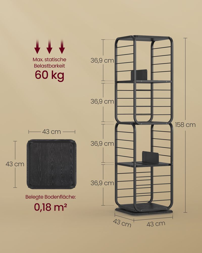 Bookcase - Living room cabinet - 4 layers - With book supports - Wood - Black