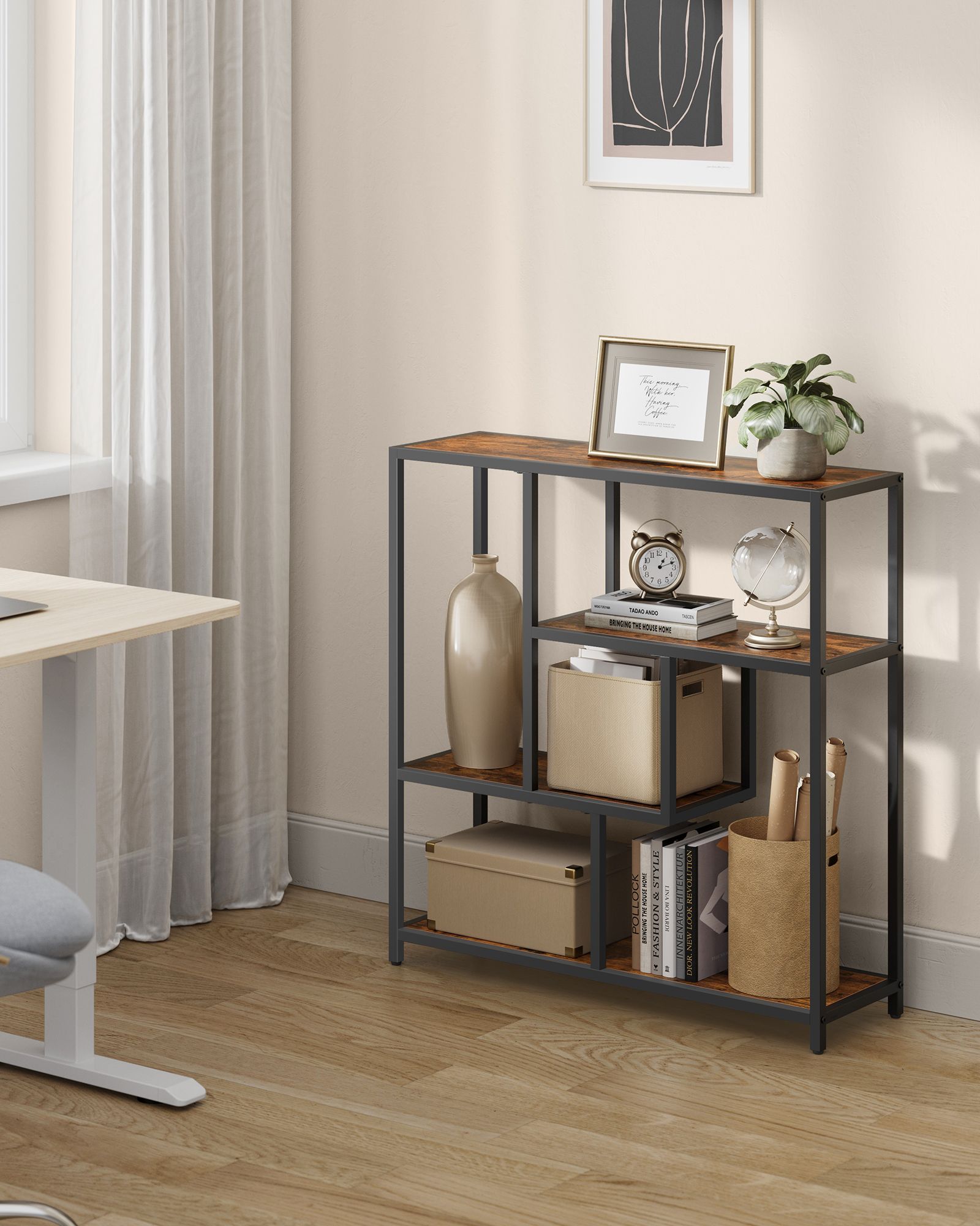 Bookcase with 4 shelves vintage brown-ink black