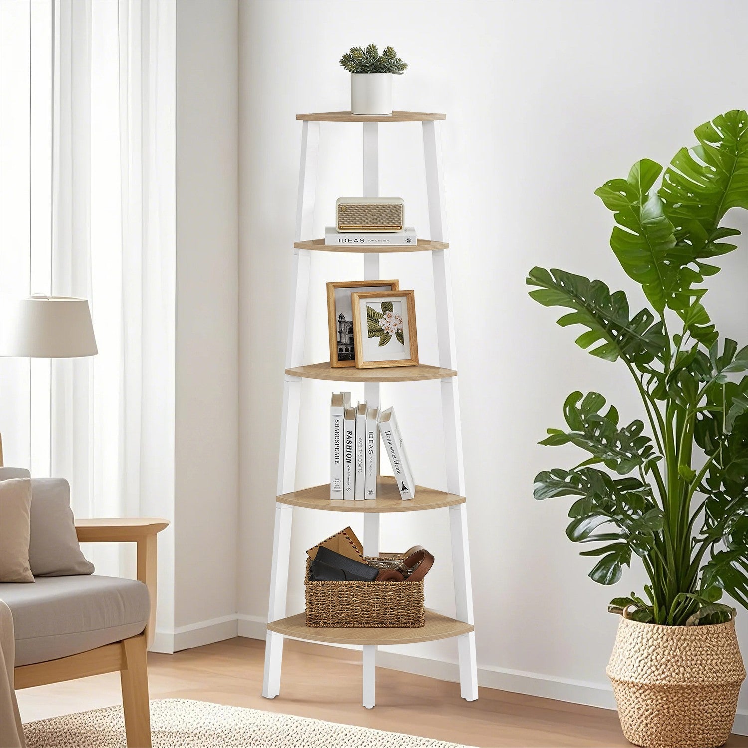 Bookcase with 5 layers - industrial design, natural oak and matte white
