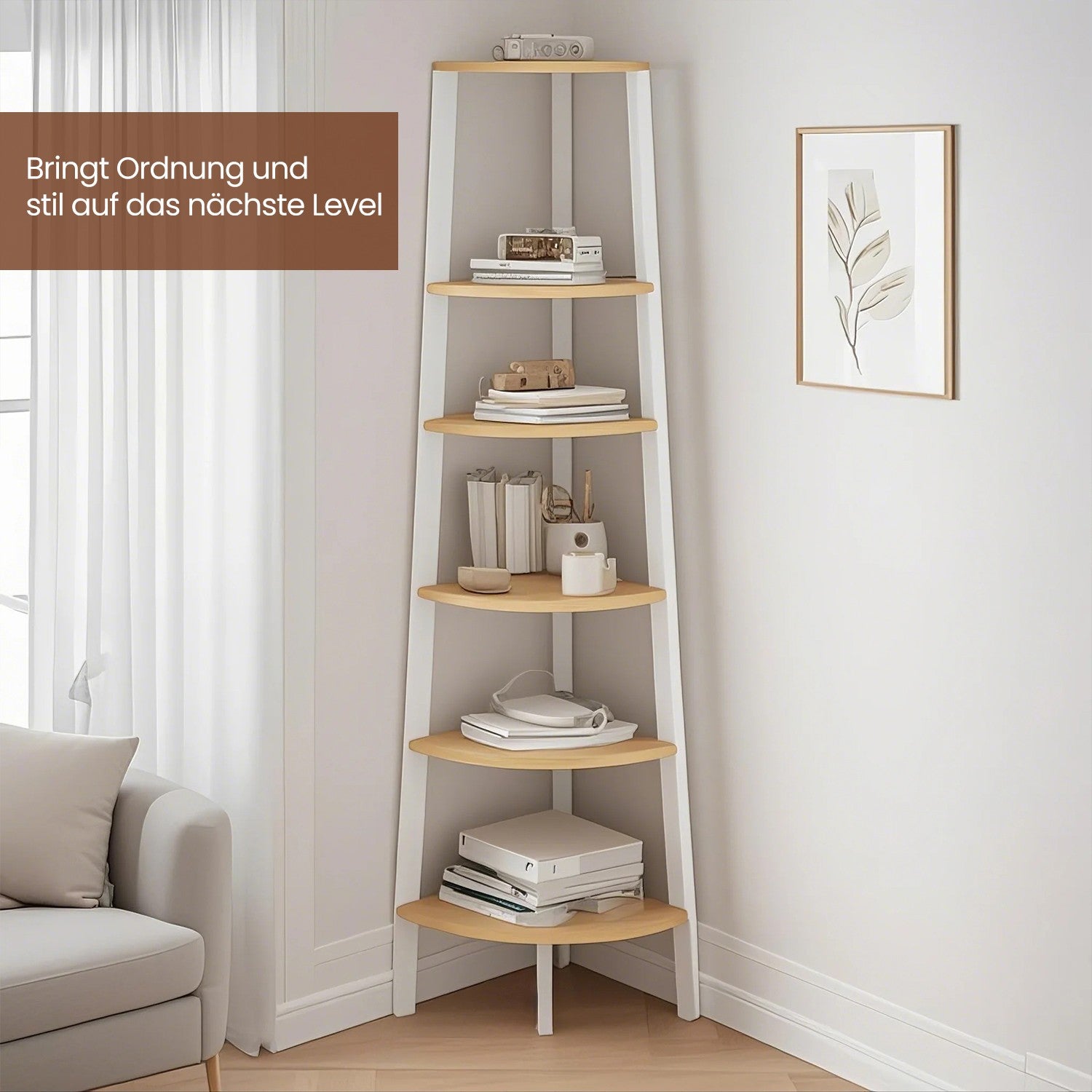Bookcase with 5 layers - industrial design, natural oak and matte white